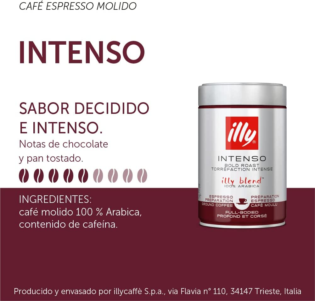 Illy Intenso Espresso Dark Roast Ground Coffee, 250 G - Bold and Rich Italian Espresso Blend - 100% Arabica Beans - Perfectly Ground for Coffee Machines - Intense Flavor Profile
