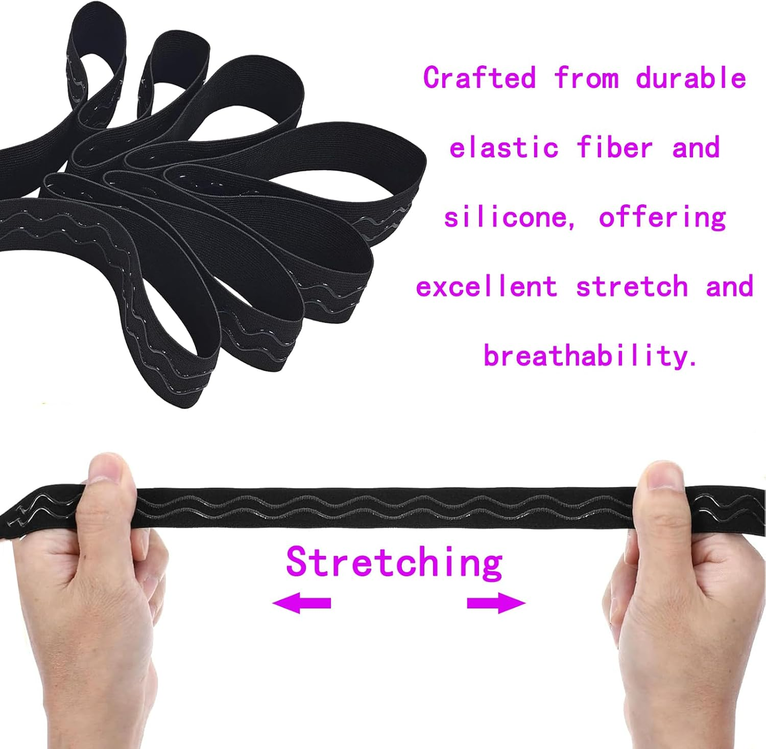 5 Yds Non-Slip 20Mm Elastic Ribbon, Wave Silicone Grip Tape, Stretchy Rubber Straps for DIY Sewing Crafts, Sports Gear, Waistbands - Durable, Flexible & Stylish Black Bands image number 2