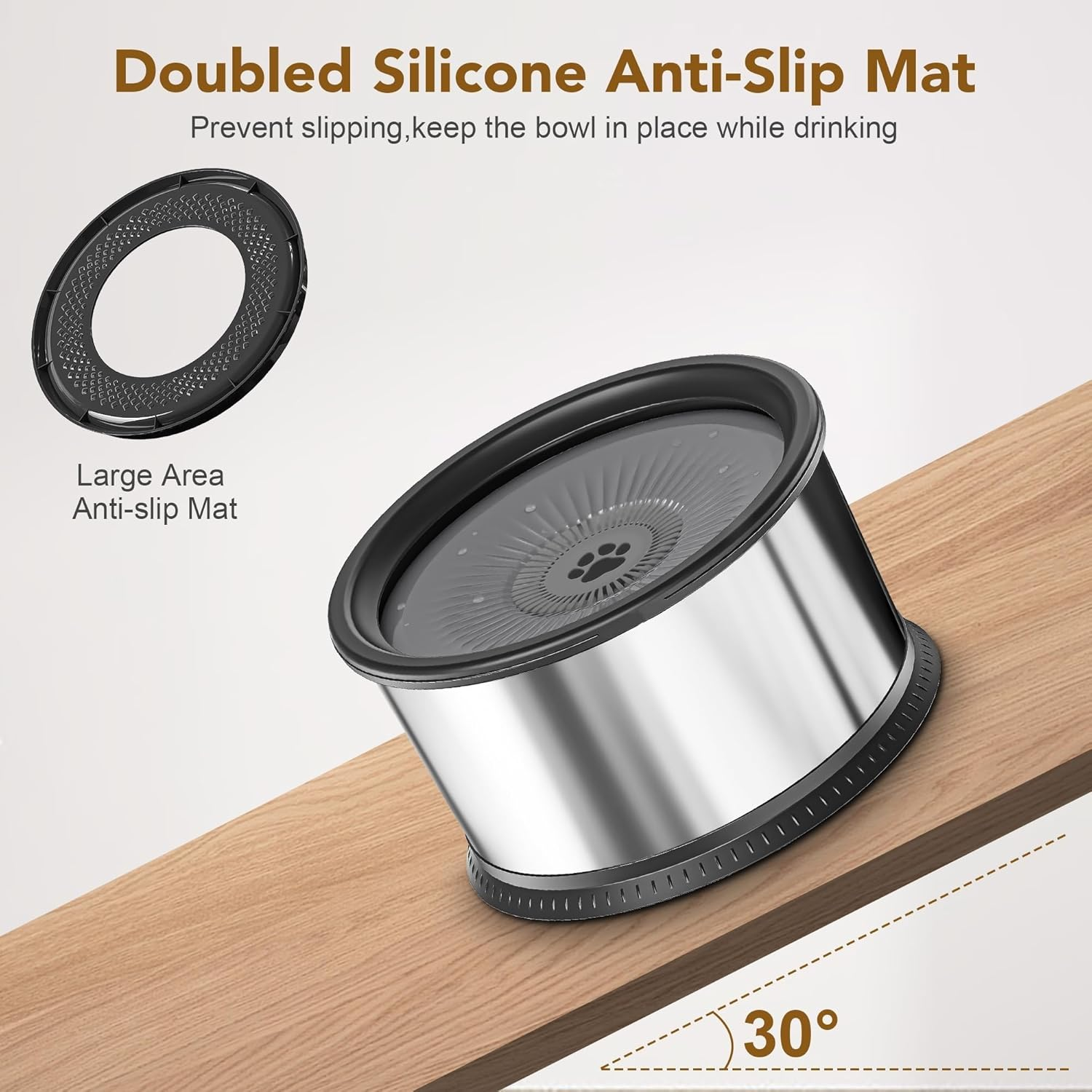 3.5L Dog Water Bowl, Large Capacity No Spill Dog Water Bowl, Stainless Steel Spill Proof Slow Water Feeder, No Splash Water Bowl, with Anti-Slip Mat for Messy Drinkers, Grey. image number 3