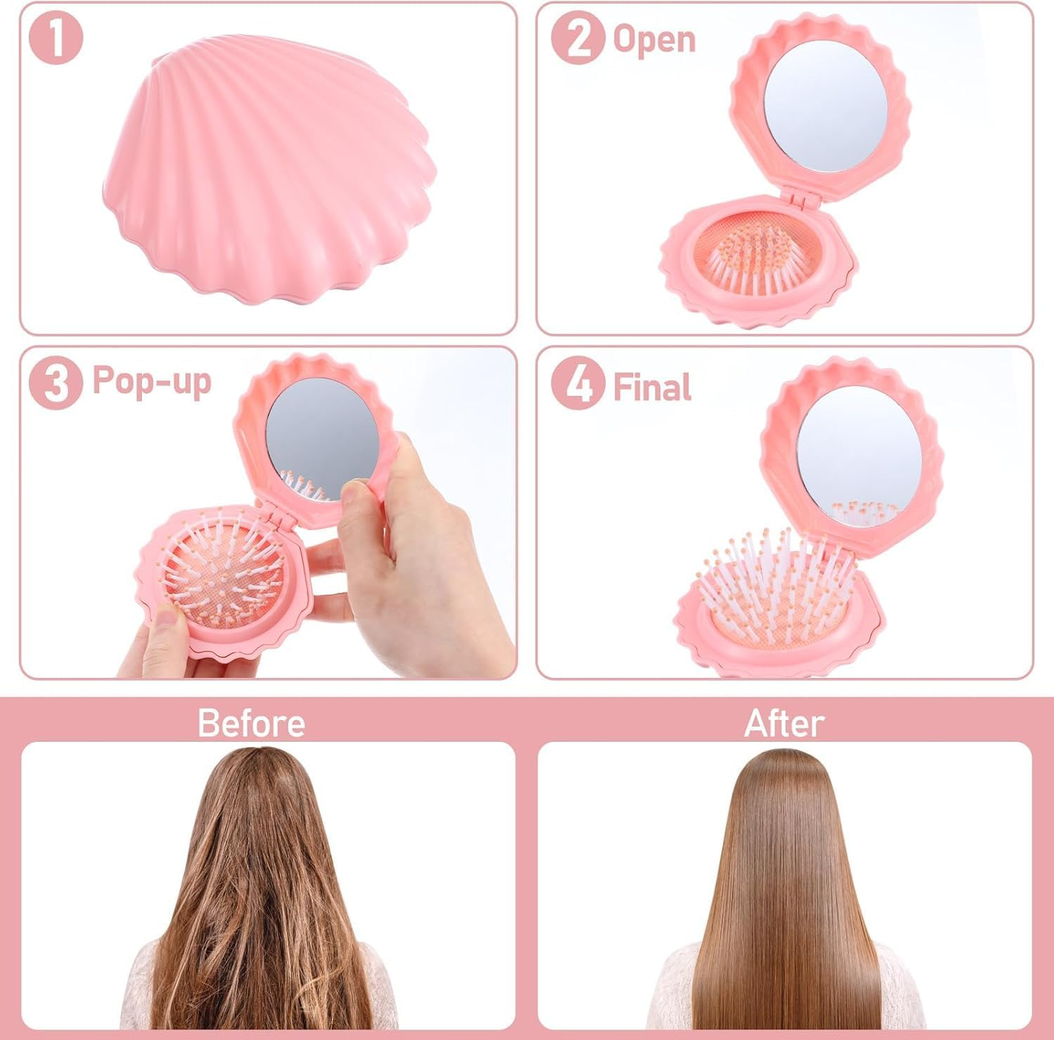 2Pcs Shell Shape Pocket Hair Brush with Mirror,Folding Travel Hair Brush with Mirror,Shell Shape Pocket Hair Brush with Mirror Folding Hair Brush Portable Cute Hair Massage Comb Mini Hair Brush image number 5