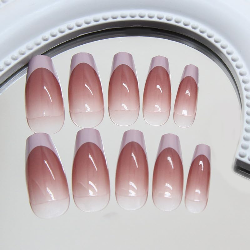 Press on Nails Medium Length Coffin French Nails, Light Purple Red Ombre Artificial Nails Fingernails for Gluing, Artificial Nails, Fake Nails, Glue Nails Set, Acrylic Nail Tips, Women'S Nail image number 5