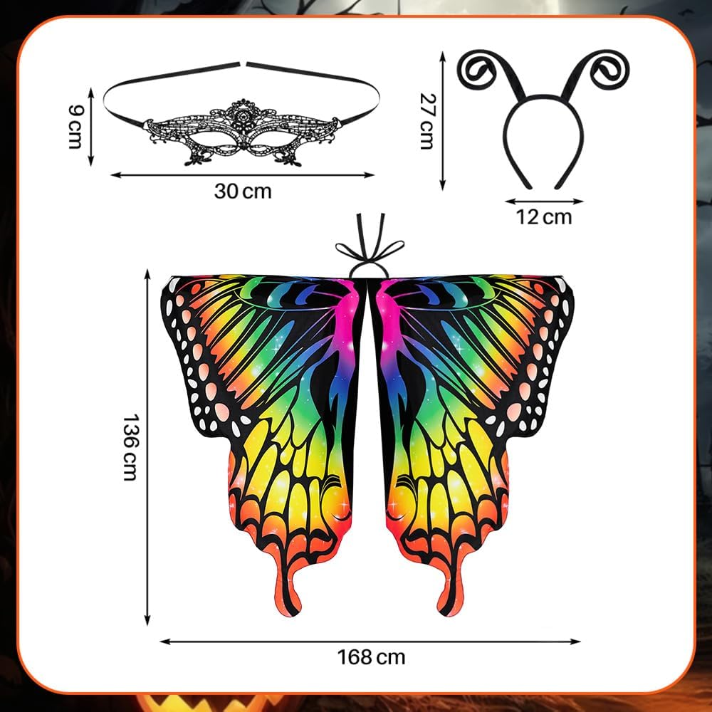 AUTOWT Halloween Butterfly Costume for Women, Adult Butterfly Wings Shawl with Masquerade Mask & Antenna Headband Kit for Ladies Cosplay Animal Avatar Photo Shoot Dress-Up Party Book Week image number 6