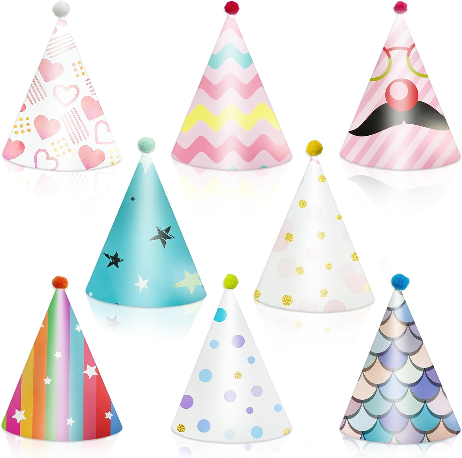 NILLOS Party Cone Hats, 8 PCS Lovely Birthday Hats with Pom Poms for Pet, Family Party Deco Props (8 Styles) image number 3