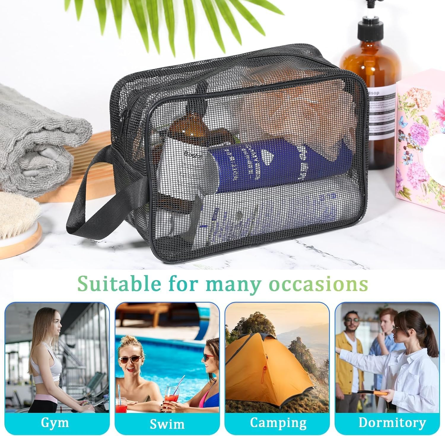 Black Mesh Shower Caddy Toiletry Bag, Portable Zippered Shower Bag with Handle for Bathroom & Dorm Room - Black image number 6
