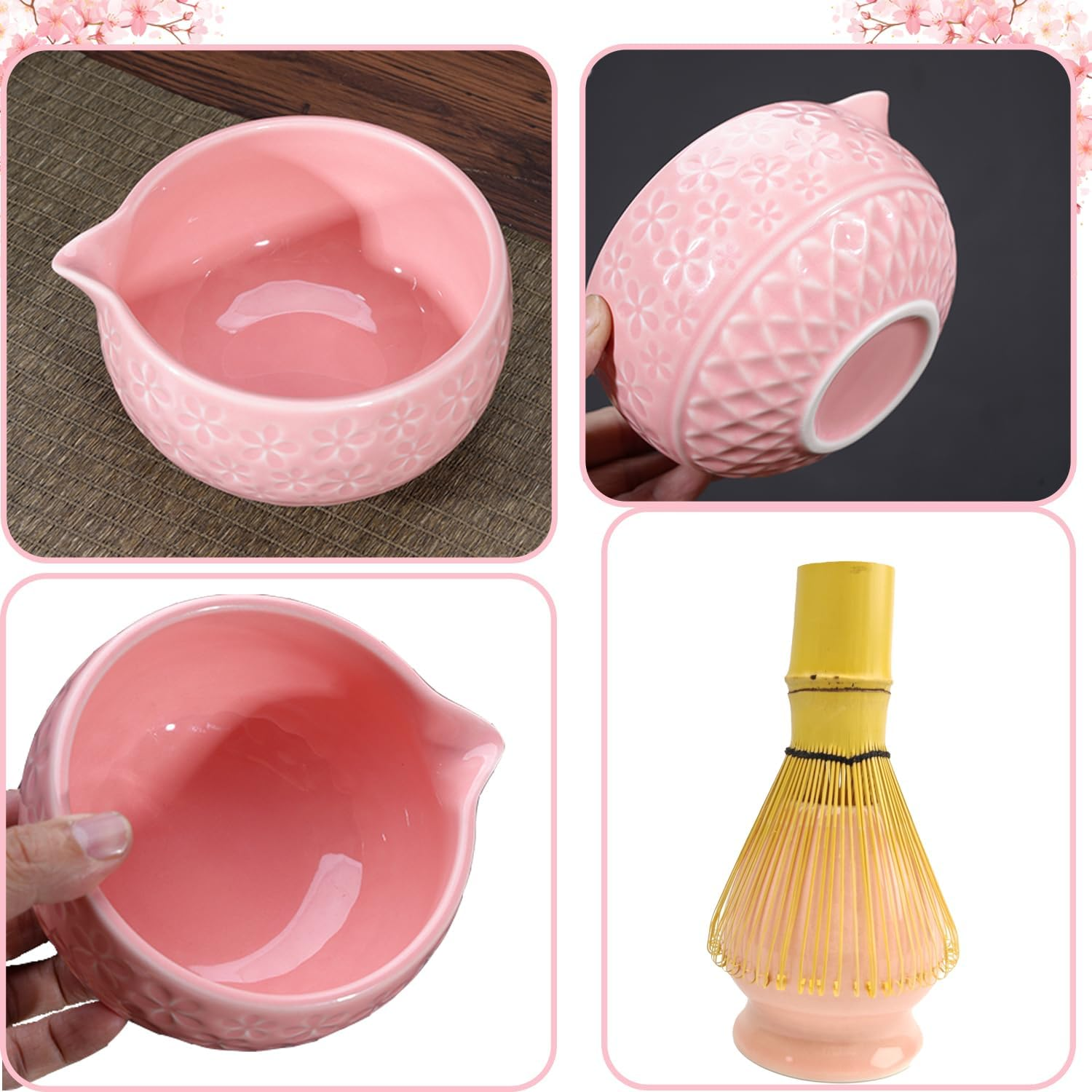 Matcha Whisk Set,5-Piece Ceramic Japanese Matcha Set Includes Matcha Bowl, Matcha Whisk and Holder, Bamboo Scoop, Scoop Rest, Sifter and Tea Towel - Matcha Kit for Matcha Lovers (Pink)