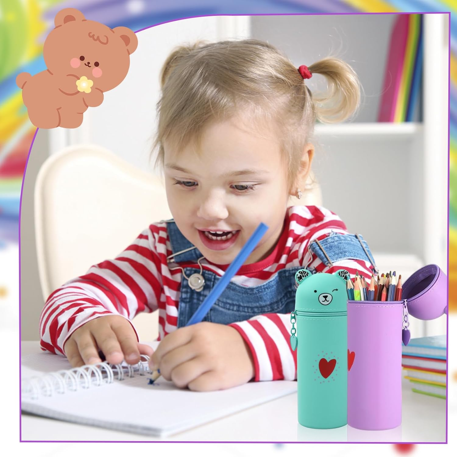 Cute Bear Style Large Stand up Pencil Case, Silicone Pouches Big Capacity Pencil Case, Cup Pencil Case in Soft Silicone, Animal Pencil Pouch Holder for Kids Students Adults School Office image number 5