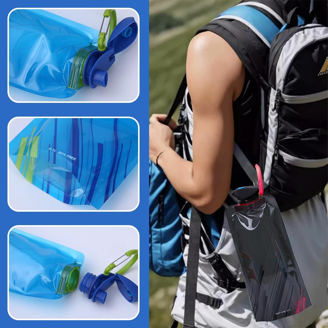 KIRZAX Pack of 3 Foldable Drinking Bottles, Foldable Drinking Bottles, Festival 700 Ml, Reusable Drinking Bottle, Foldable for Hiking, Travel, Adventure, White + Blue + Black image number 1