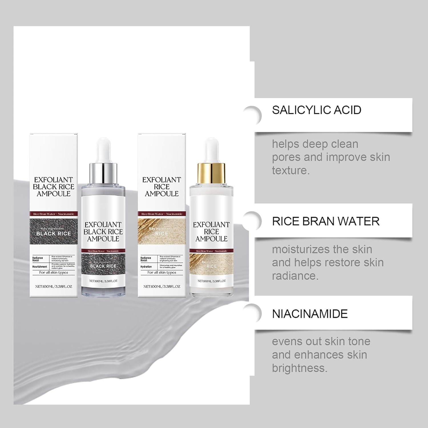 2PCS Gentle Exfoliating Ampoule - Black and White Rice Peeling Ampoule for Face & Body,Deeply Hydrates,Smooths & Refines Skin Texture - All Skin Types