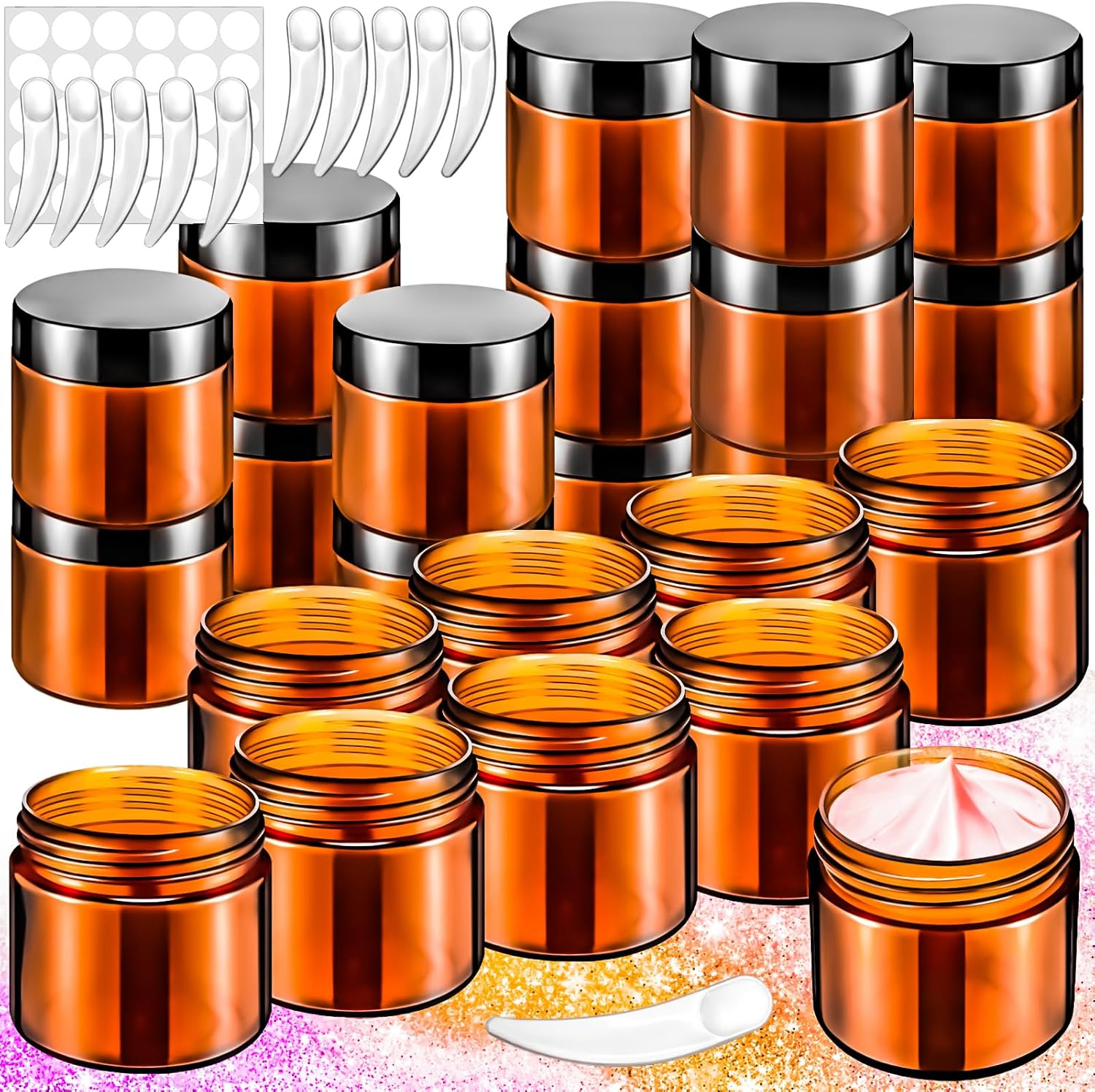 Motbach 16 Pack 2Oz Amber Plastic Jars, 60Ml Empty Small round Cosmetic Jars Refillable Makeup Containers Leakproof Travel Cosmetic Containers with Black Lids for Sample Cream Lotion Powder Ointment image number 1