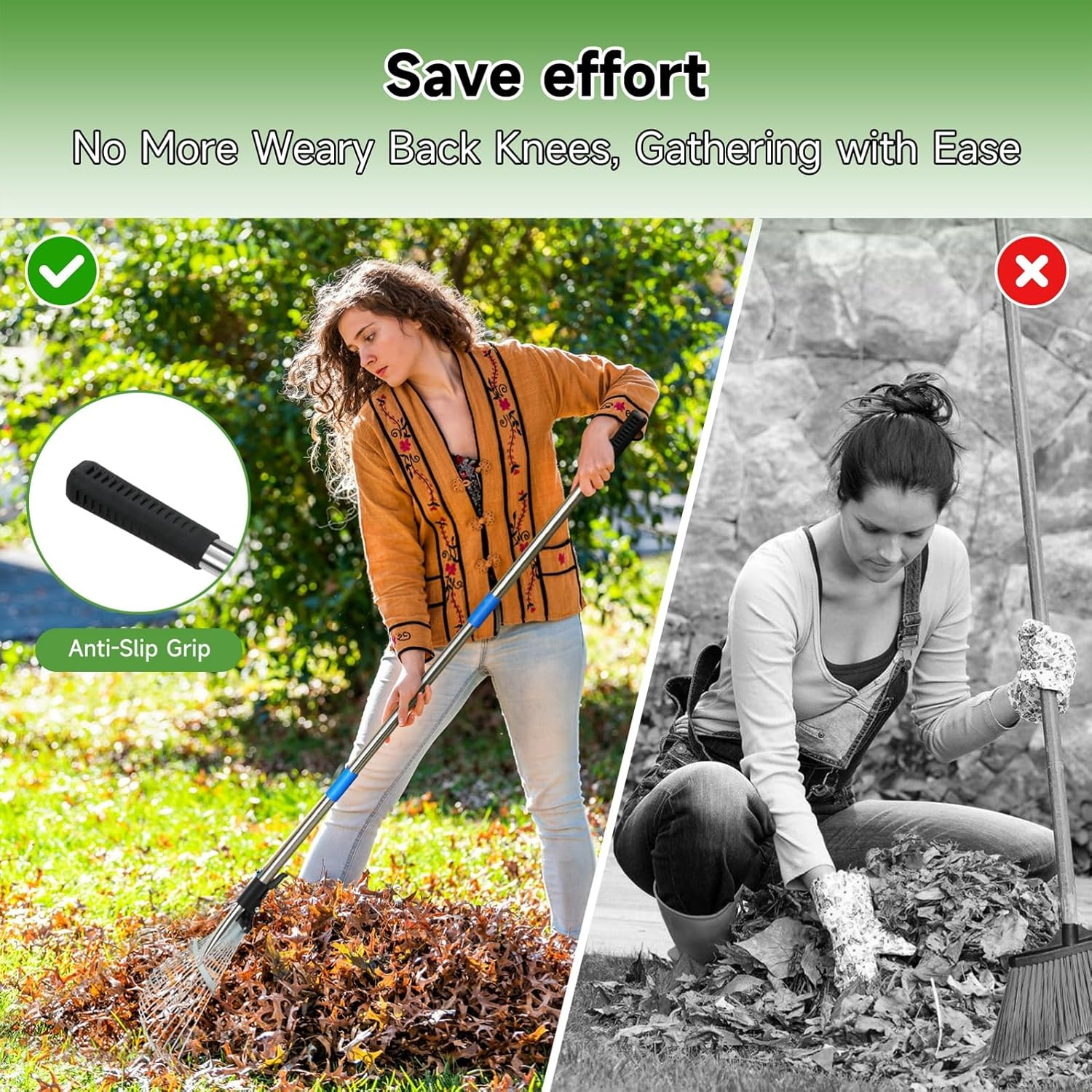 KOMCLUB Metal Rake 68&rdquo; ,Garden Expandable Leaf Rake with Adjustable Handle, Adjustable Head, Thatch Rake Leaf Collector, Rakes for Garden Lawn Yard Flower Bed Cleaning