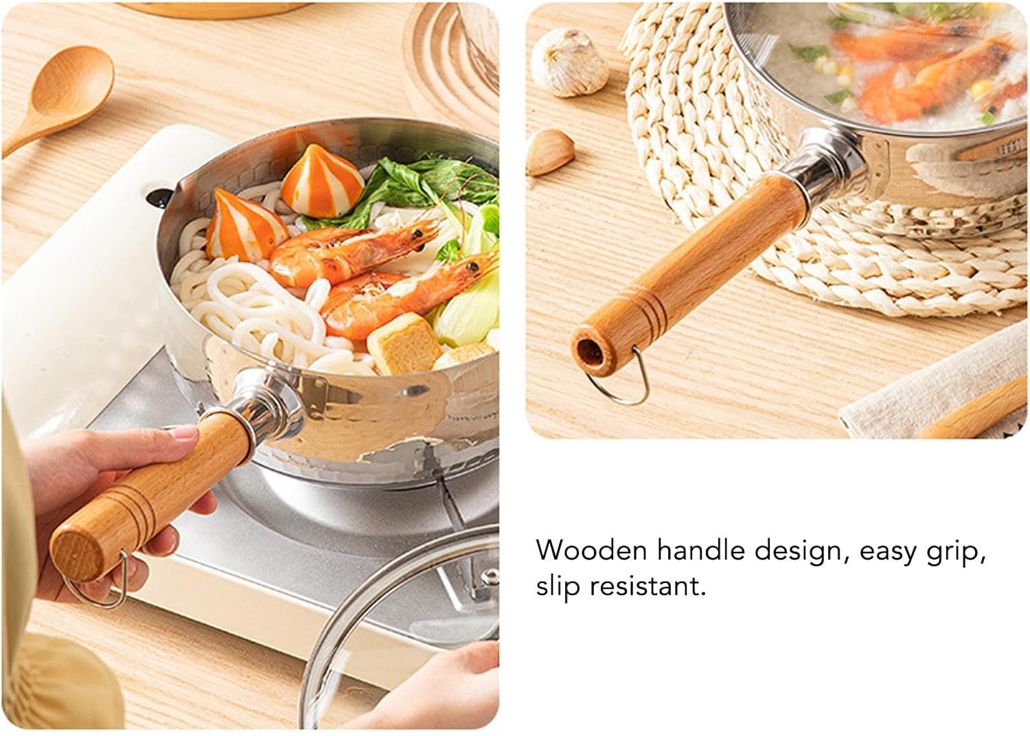 Sauce Pan, Non Stick Stainless Steel Saucepan with Wood Long Handle, Small Milk Pot Pan, Compatible for All Stove Top (18Cm) image number 3