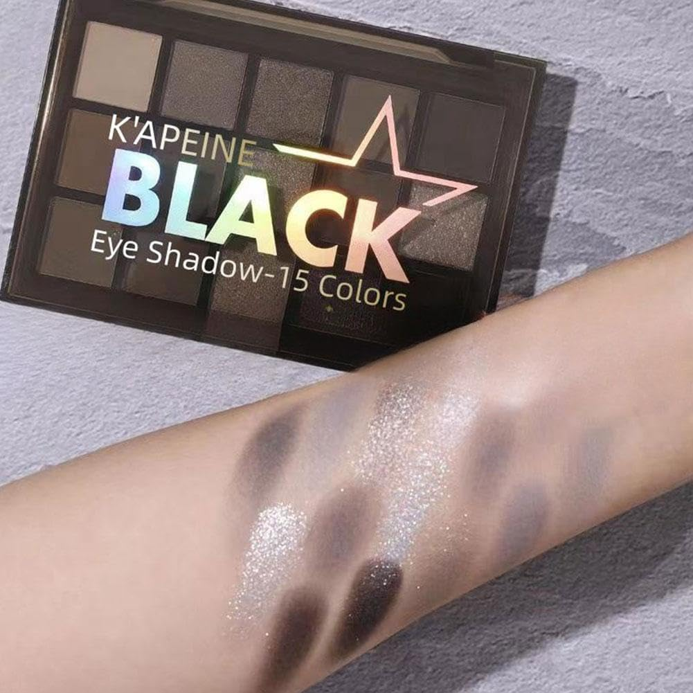 Black Smokey Eye Shadow Palette, 15 Colors Cool Toned, Gray Silver White Matte Glitter Eyeshadow Palette, Pressed Shimmer Pigmented Eyeshadow