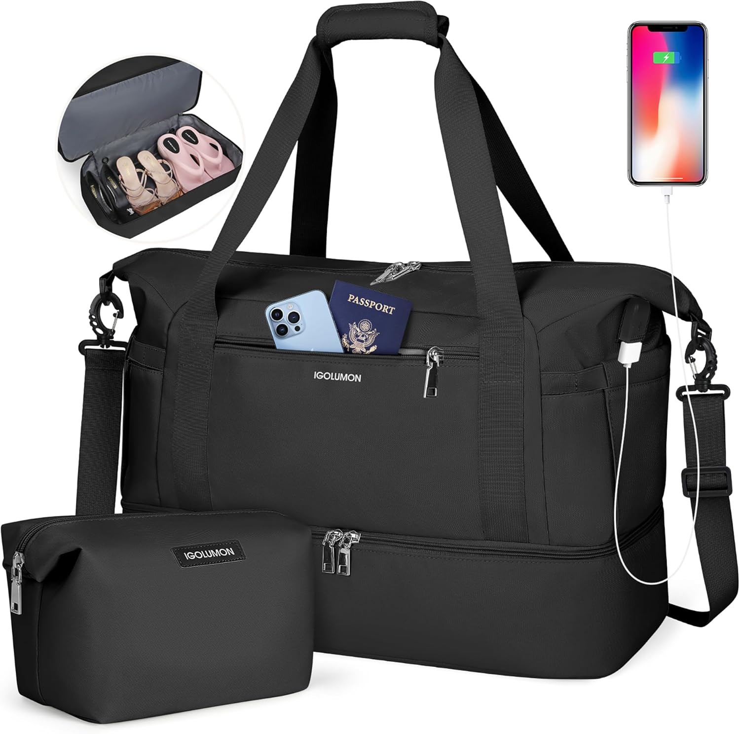 Travel Duffel Bags for Women Waterproof Weekender Overnight Bag Gym Tote Bag with Shoe Compartment and Wet Pocket Weekend Carry on Duffle Bag with USB Charging Port, Black