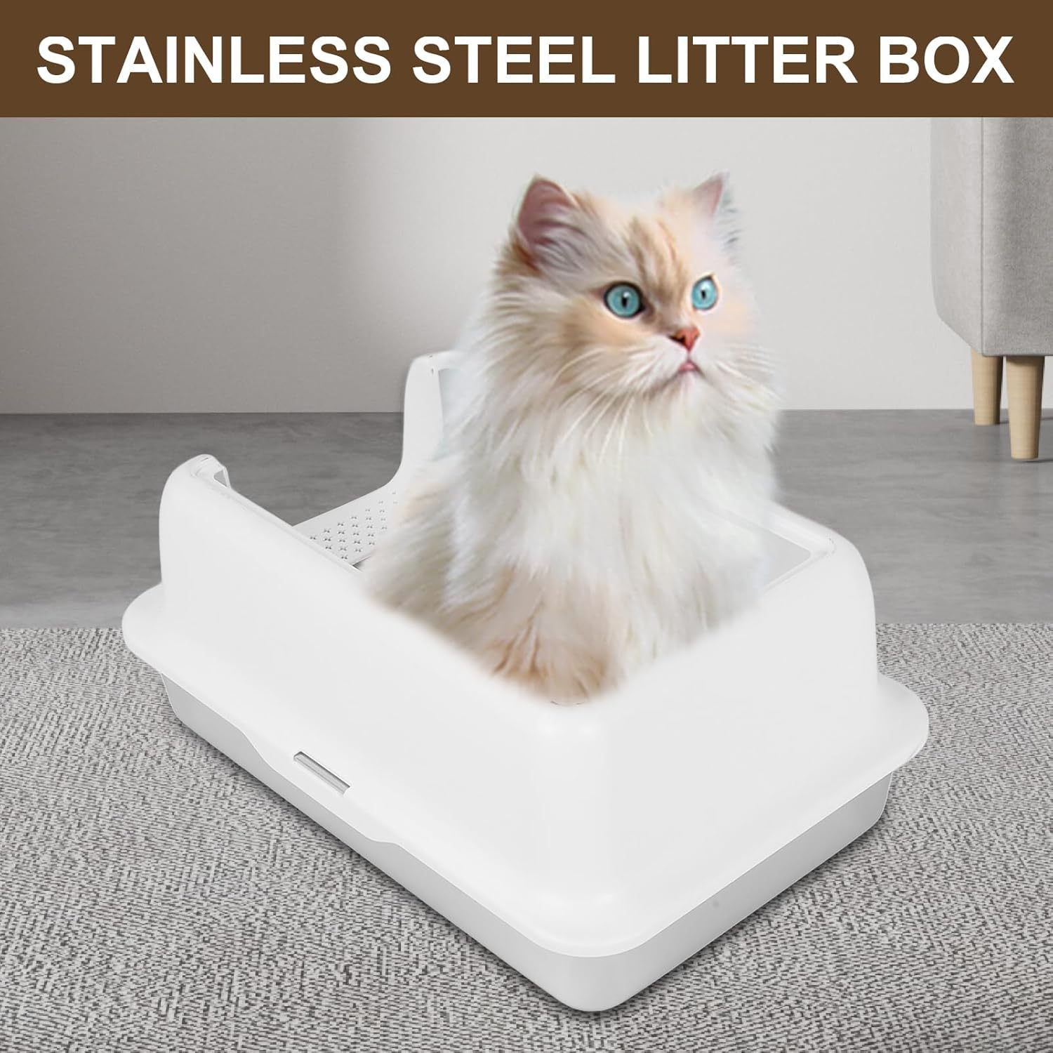 Stainless Steel Litter Box, Open Top Cat Litter Tray, High Sided Cat Litter Pan, Large Metal Cat Litter Box, Easy to Clean (White)
