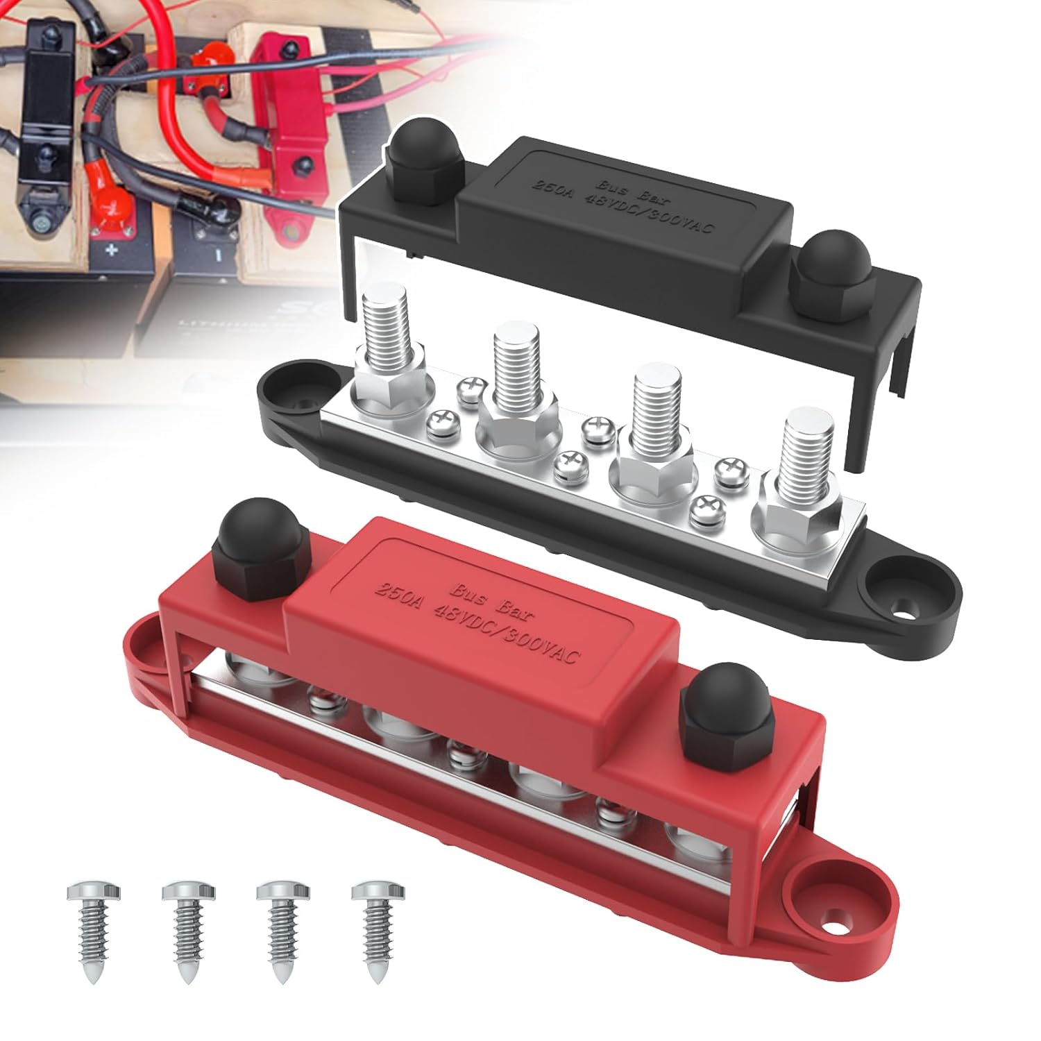 Upgraded Bus Bar 250A 12V Power Distribution Block with 3/8" (M10) 4-Posts Terminals Block with Cover for Automotive, Marine, Battery System(Black & Red)