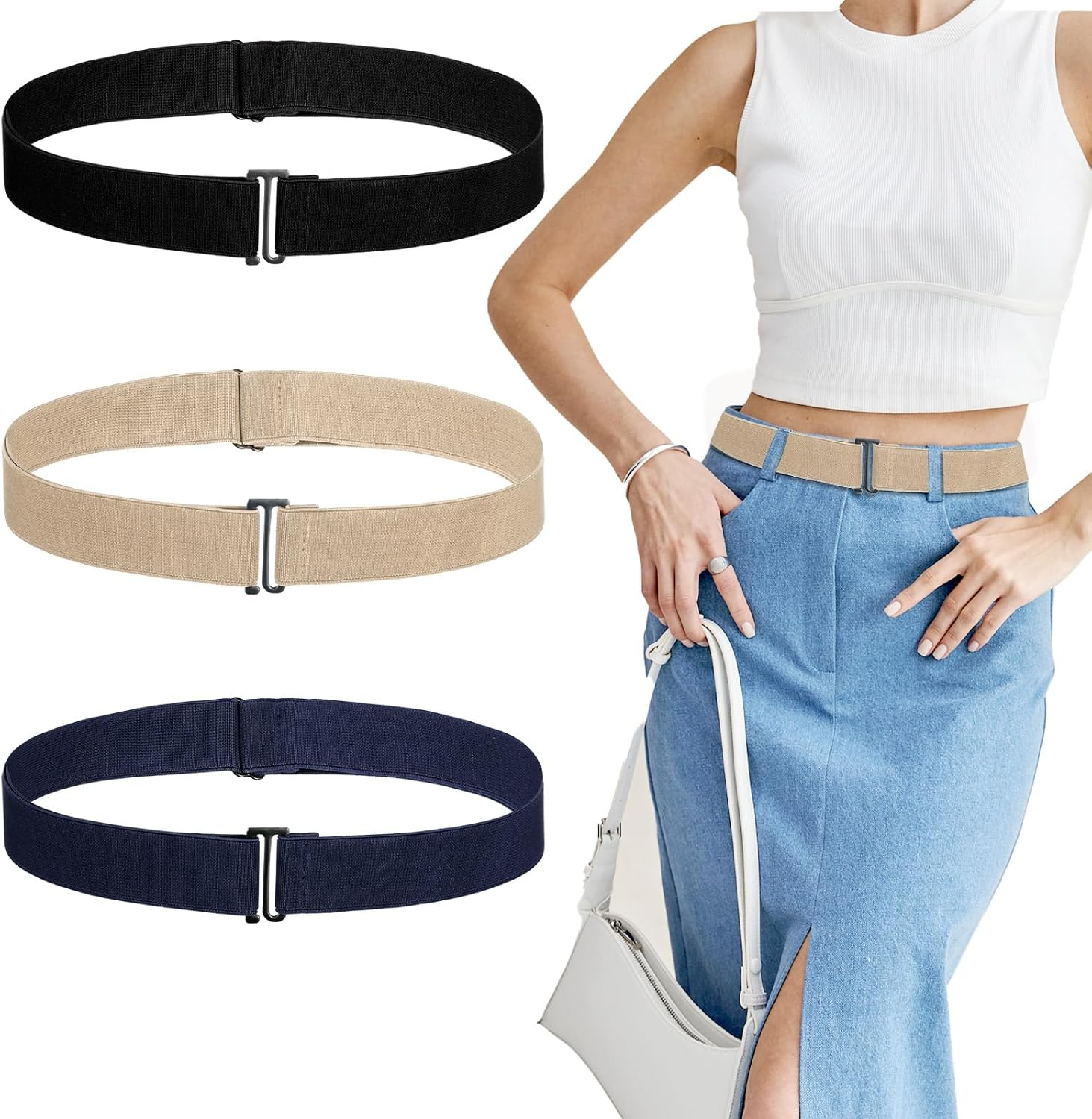 Heclia 3PCS No Show Stretch Belt for Women, Elastic Stretch Belt with Flat Buckle for Pants Jeans Dresses, Adjustable Invisible Strap Belts Fashion Classic Solid Color Lady Wasit Belts