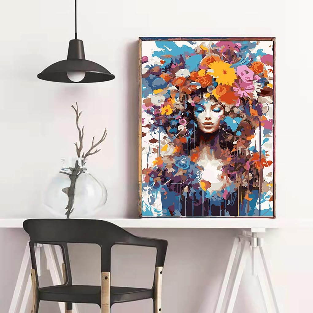 Paint by Number for Adults. Flowers with Girls Paint by Numbers for Adults Beginner Drawing Paintwork with 3 Paintbrushes Paint Canvas Oil Painting 16&rdquo; X 20&rdquo; image number 2