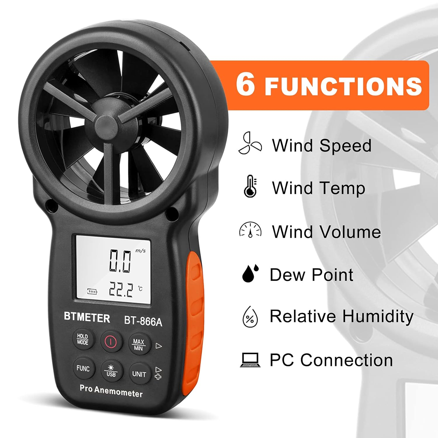 BTMETER BT-866A Pro Handheld HVAC Anemometer for CFM Air Flow, Wind Speed Meter Gauge Measures Wind Velocity Temp%Rh Dew Point with USB Sync to PC