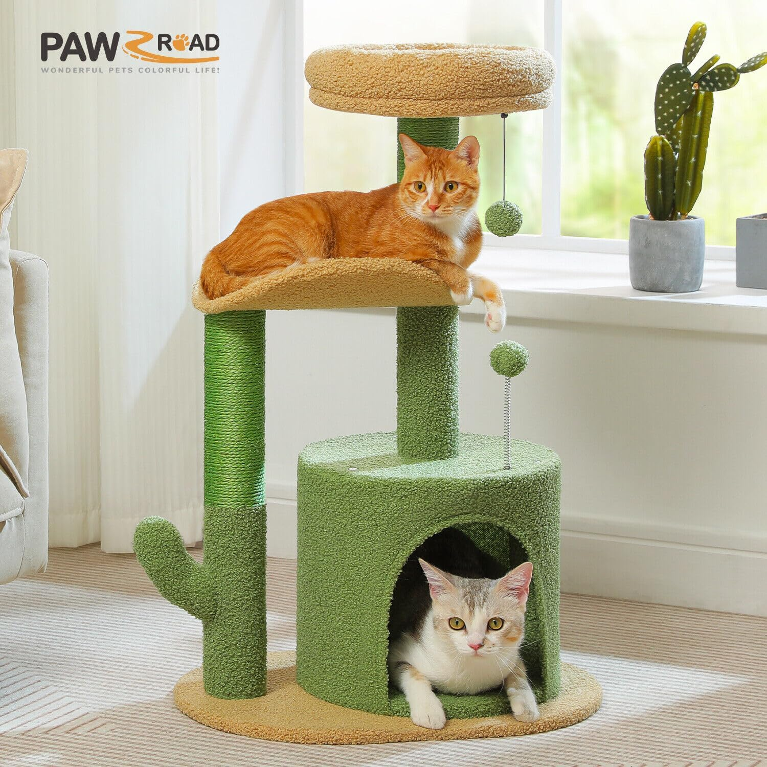 PAWZ Road Cat Tree 32 Inches Cactus Cat Tower with Sisal Covered Scratching Post, Cozy Condo, Plush Perches and Fluffy Balls for Indoor Cats,Green image number 4