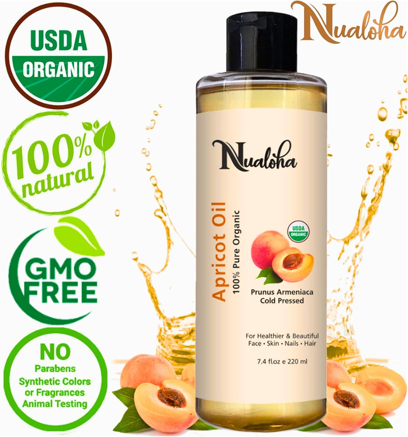 Nualoha Apricot Kernel Oil 220 ML, Pure Cold Pressed Apricot Carrier Oil for Face, Skin, Hair, Body