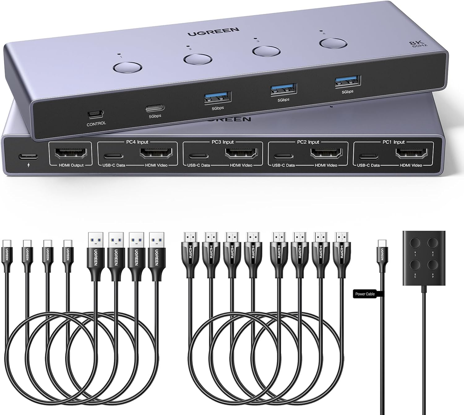 UGREEN 8K@60Hz HDMI KVM Switch 4 Computers with 4 USB 3.0 Ports Aluminum KVM Switches Share One Monitor Keyboard Mouse Hard Drives Printer with 4 HDMI Cables, 4 USB Cables and Desktop Controller image number 2