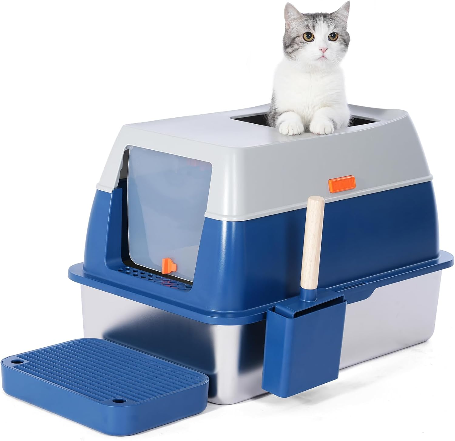 Enclosed Stainless Steel Litter Box with High Sides, Top Entry Jumbo Covered Metal Extra Large for Big Cats, Durable, anti Leakage, Odorless, Non-Sticky