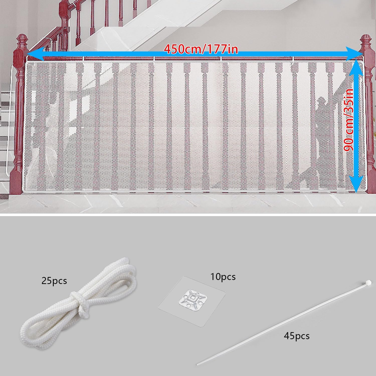 Child Safety Net Durable Banister Guard for Baby Stair Railing Mesh Baby Gate for Stairs Balcony and Stairway Protection for Baby Proofing Dog Gate for Stairs - White, 90Cm X 4.5M (2.95Ft X 14.76Ft) - 90 X 450Cm image number 5