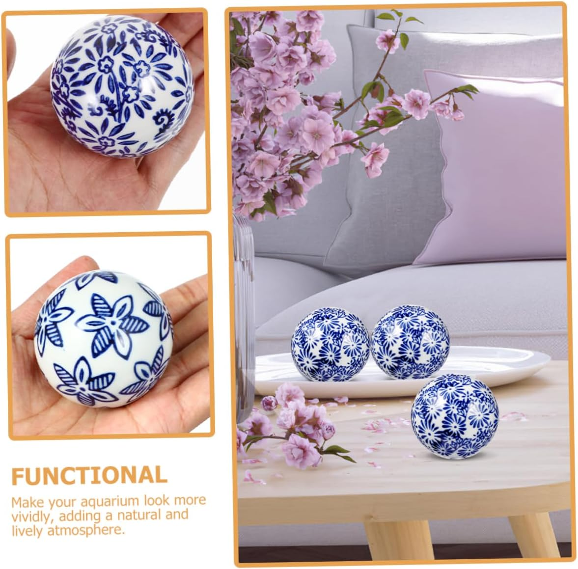 4Pcs Aquarium Decor Blue White Ceramic Fish Tank Balls Floating Decorative Marbles for Home image number 4