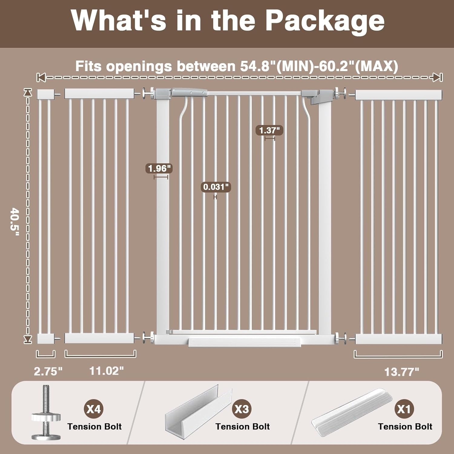 41-Inch Extra Tall Metal Auto Close Dog and Cat Gate for Doorways and Stairs, No Drill Adjustable 54.8-60.2-Inch Pressure Mounted Walk through Pet Gate with Expansion Kit, White image number 4