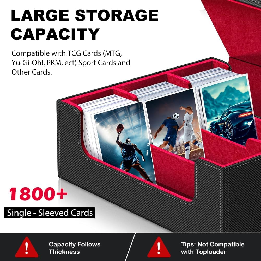 Trading Card Storage Box, 1800+ PU Leather Card Deck Organizer Box, Magnetic Closure Card Holder Case Fits for Magic Game Cards, Yugioh, TCG, PTG and Sport Cards (Red) image number 2