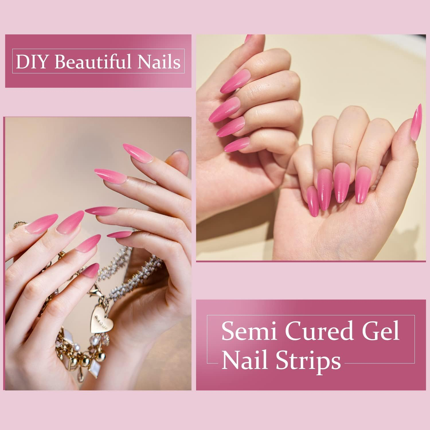 Semi Cured Gel Nail Strips - 28 Pcs Work with Any UV Lamp, Long Lasting Art Stickers, Salon Quality, Easy to Apply (Shiny Pink)