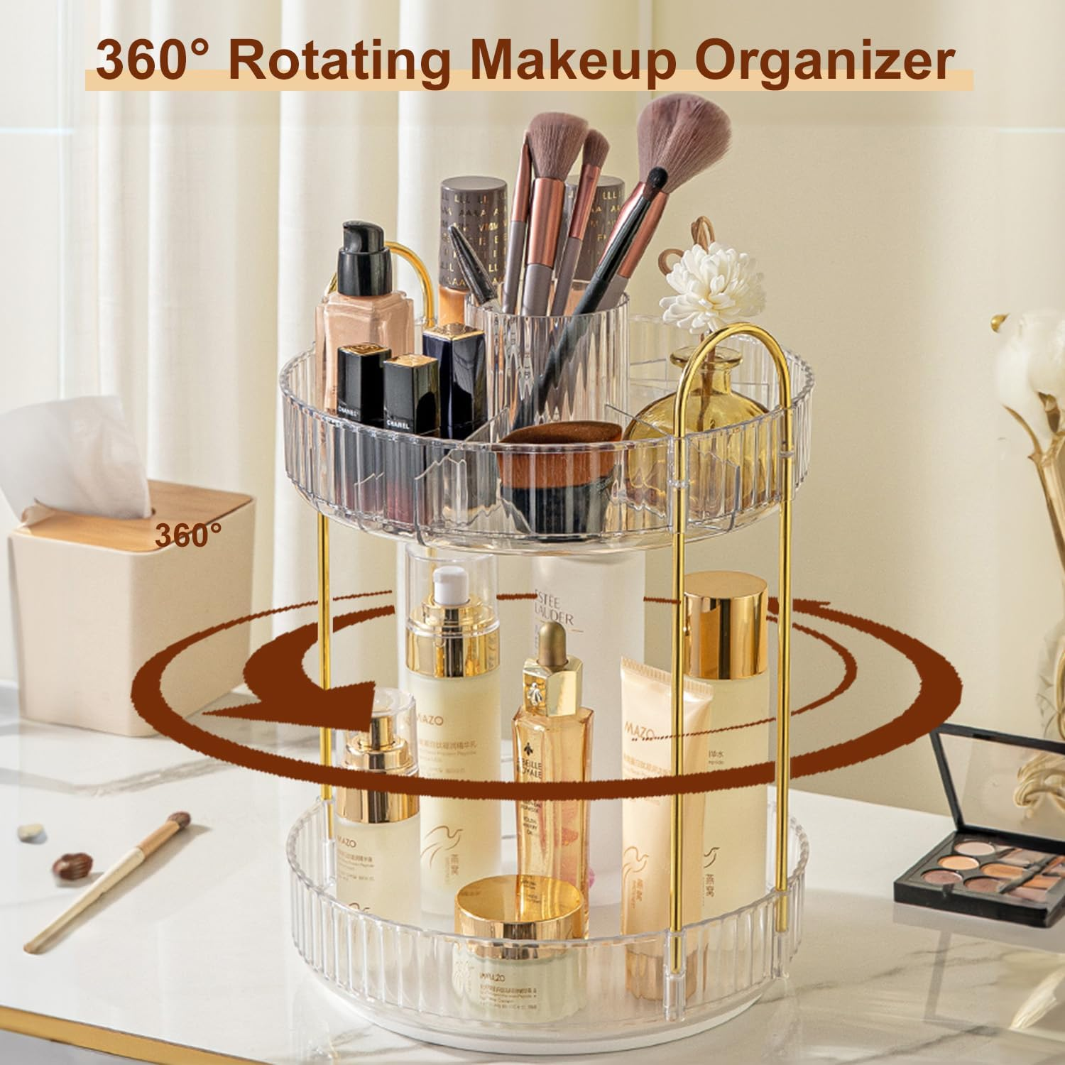 Rotating Makeup Organiser, Spinning Cosmetic Display Cases Vanity Organizer Countertop with 3 Layer Spacious Capacity and Divided Top for Skin Care,Makeup Brush,Lipstick,Perfume,Jewellery Organiser image number 3