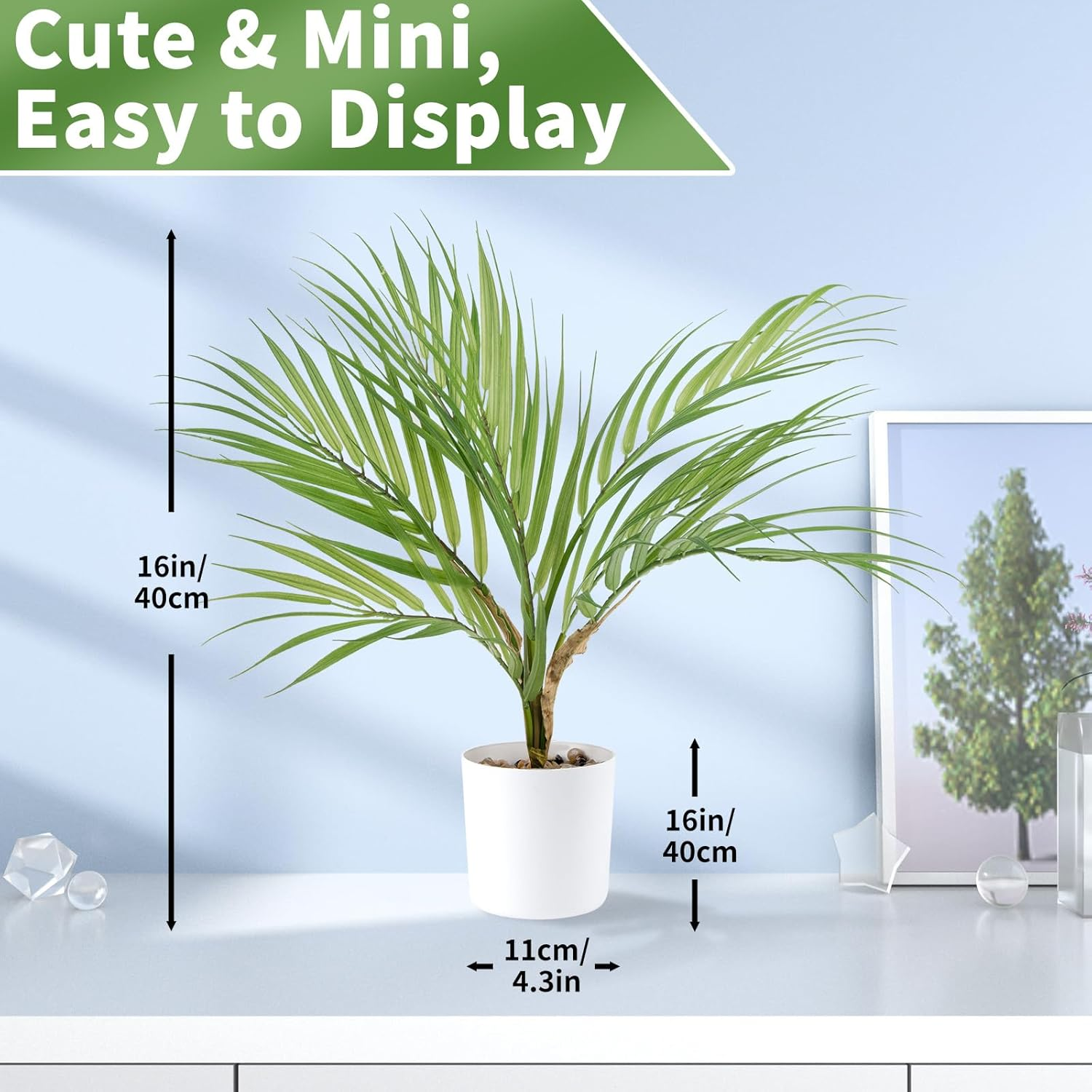 Tonjin 16" /40Cm Artificial Plant Indoor Small Fake Potted Plant Artificial Areca Palm Pot with Planter, House Plant Artificial for Home Office Farmhouse Bedroom Desk Kitchen Windows Decor image number 5