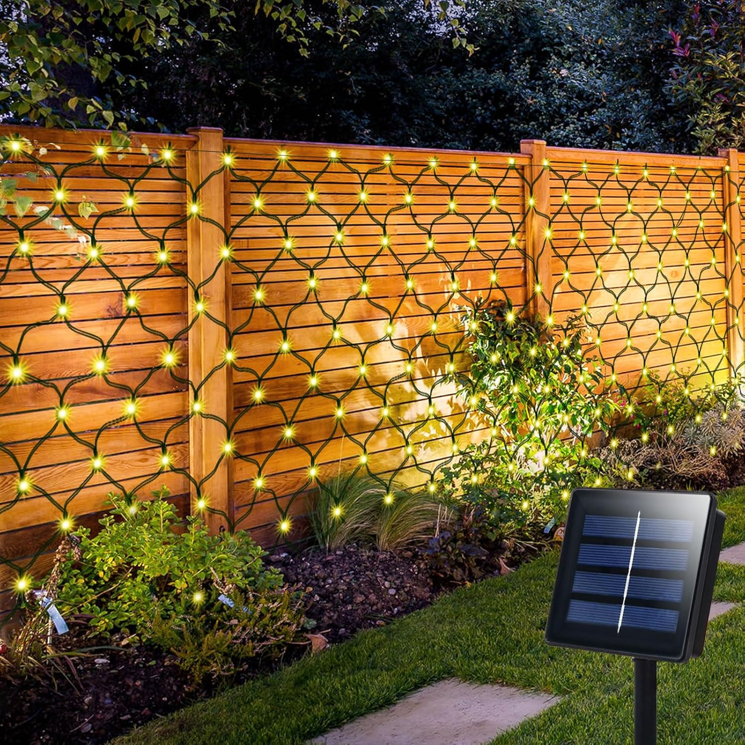 Solar Net Lights Outdoor, 100 LED 5Ft X 5Ft Bush Net Light Outdoor Mesh Lights Auto On/Off 8 Modes for Tree Fence Backyard Bush Decor (Warm White)