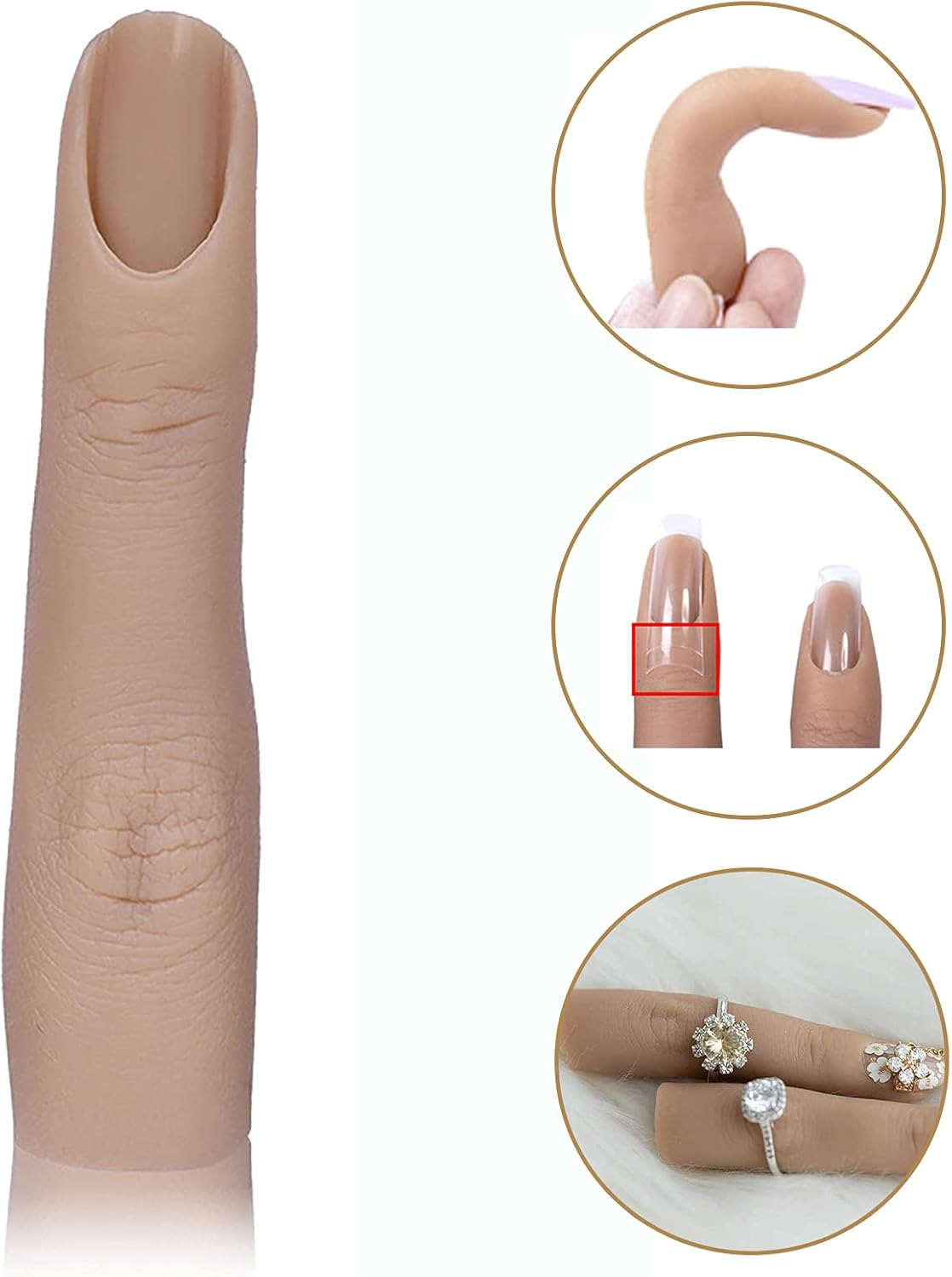 XMASIR Silicone Nail Practice Finger for Acrylic Nails, Fake Finger Training Model, Flexible Bendable Female Mannequin Life Size for Nail Art Display, Jewellery Ring Display