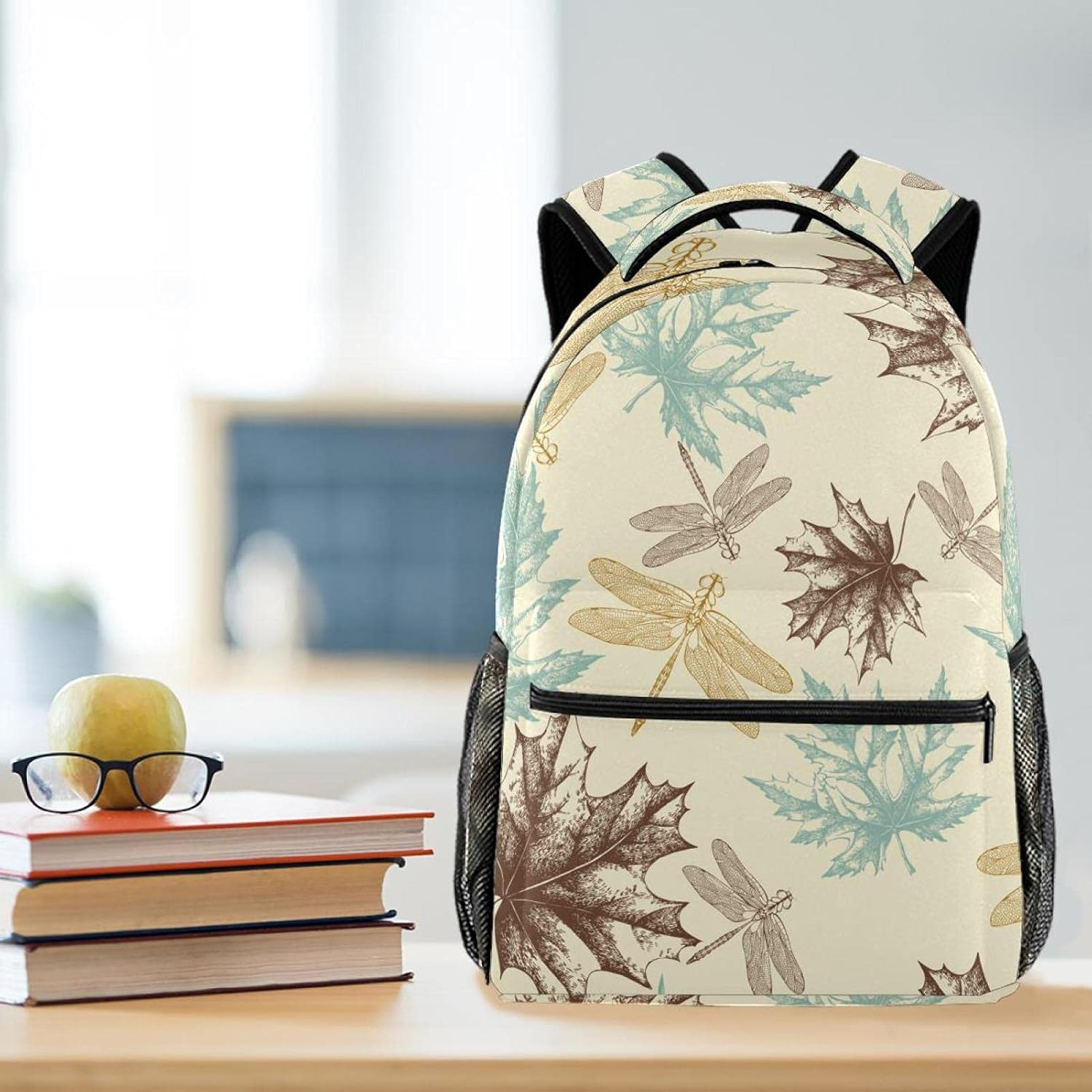 Maple Leaves and a Dragonfly Pattern of Autumn Backpack Students Shoulder Bags Travel Bag College School Tote Backpacks image number 3
