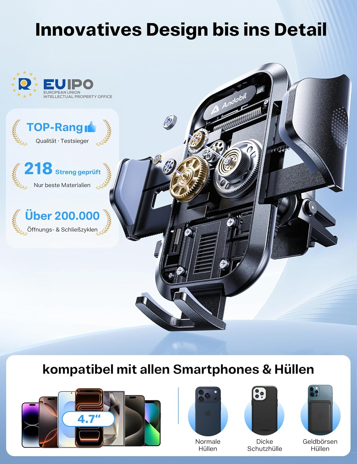 Andobil Car Phone Holder, [Ultra Stable] Hands Free Phone Mount for Dashboard, Windscreen, Air Vent, Desk, Universal Phone Stand Compatible with Iphone 12, 11, XR, XS, SE, Samsung Galaxy S20, Note 22 image number 2