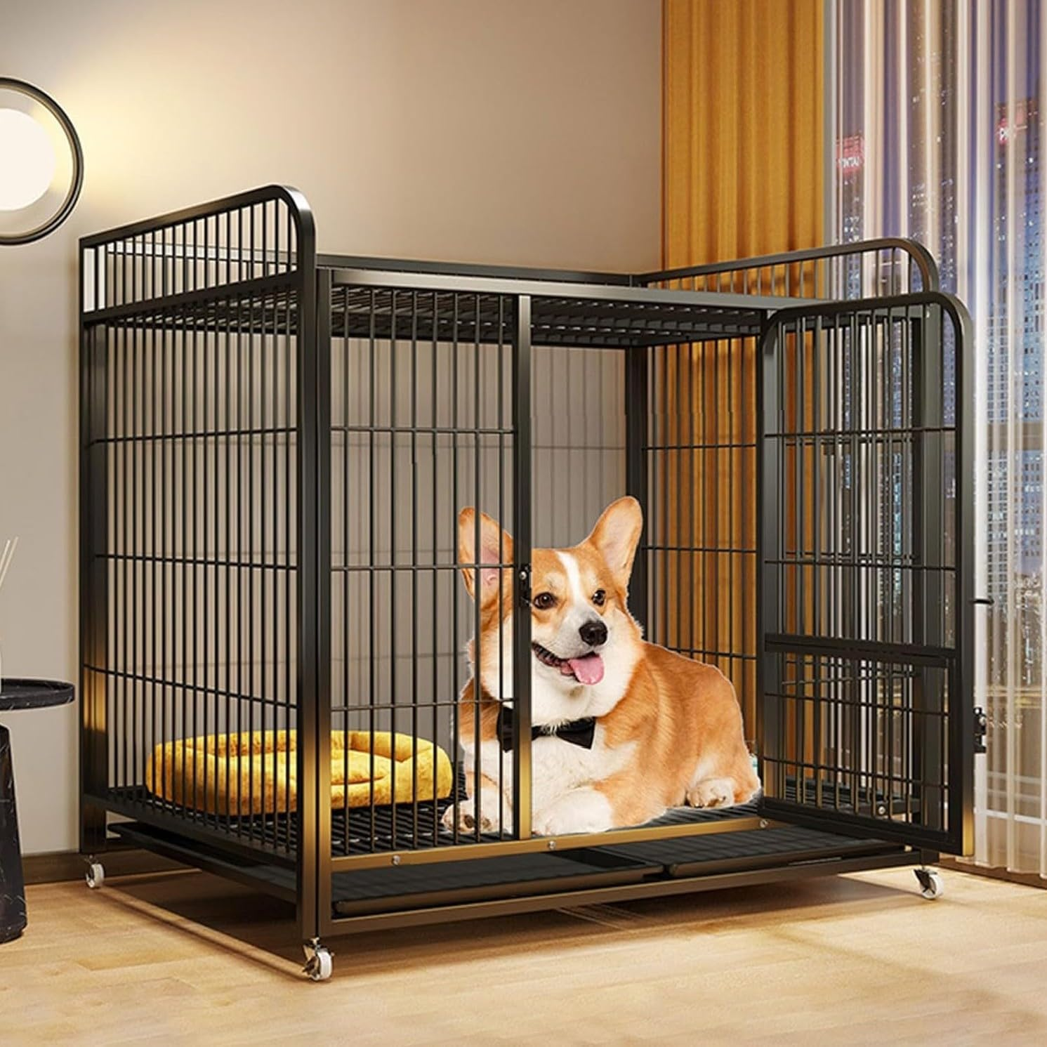 LIODUX Metal Dog Cage, Heavy Duty Dogs Crate for House, Indoor Dog Kennel Enclosure for Small/Medium/Large Dogs, Double Doors, Locks, Removable Tray, Lockable Wheels Pet Cage (Black, Small)