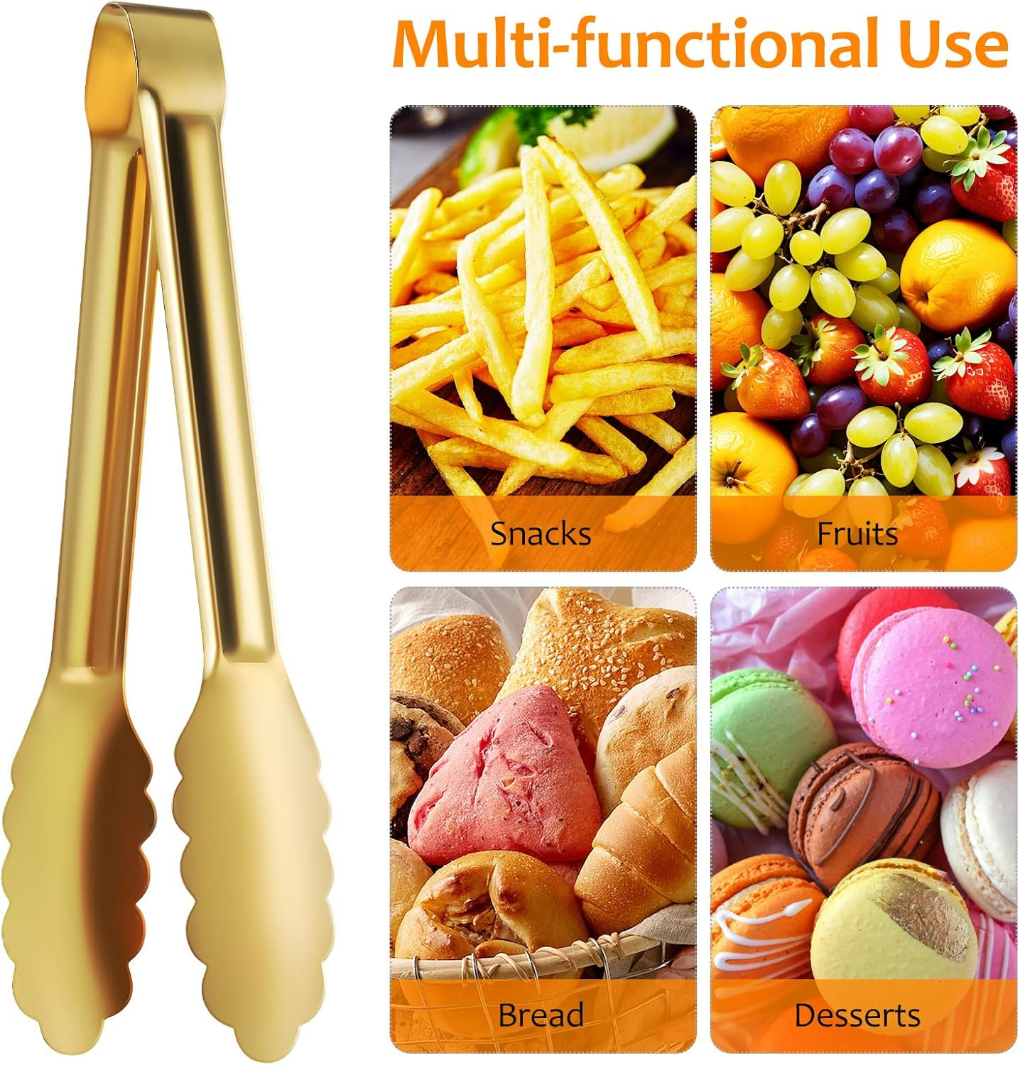 Luxshiny 4Pcs Golden Stainless Steel Serving Tongs for Cooking, BBQ, Grilling, Appetizer, Dessert, Ice Bucket, Sugar Cubes image number 1