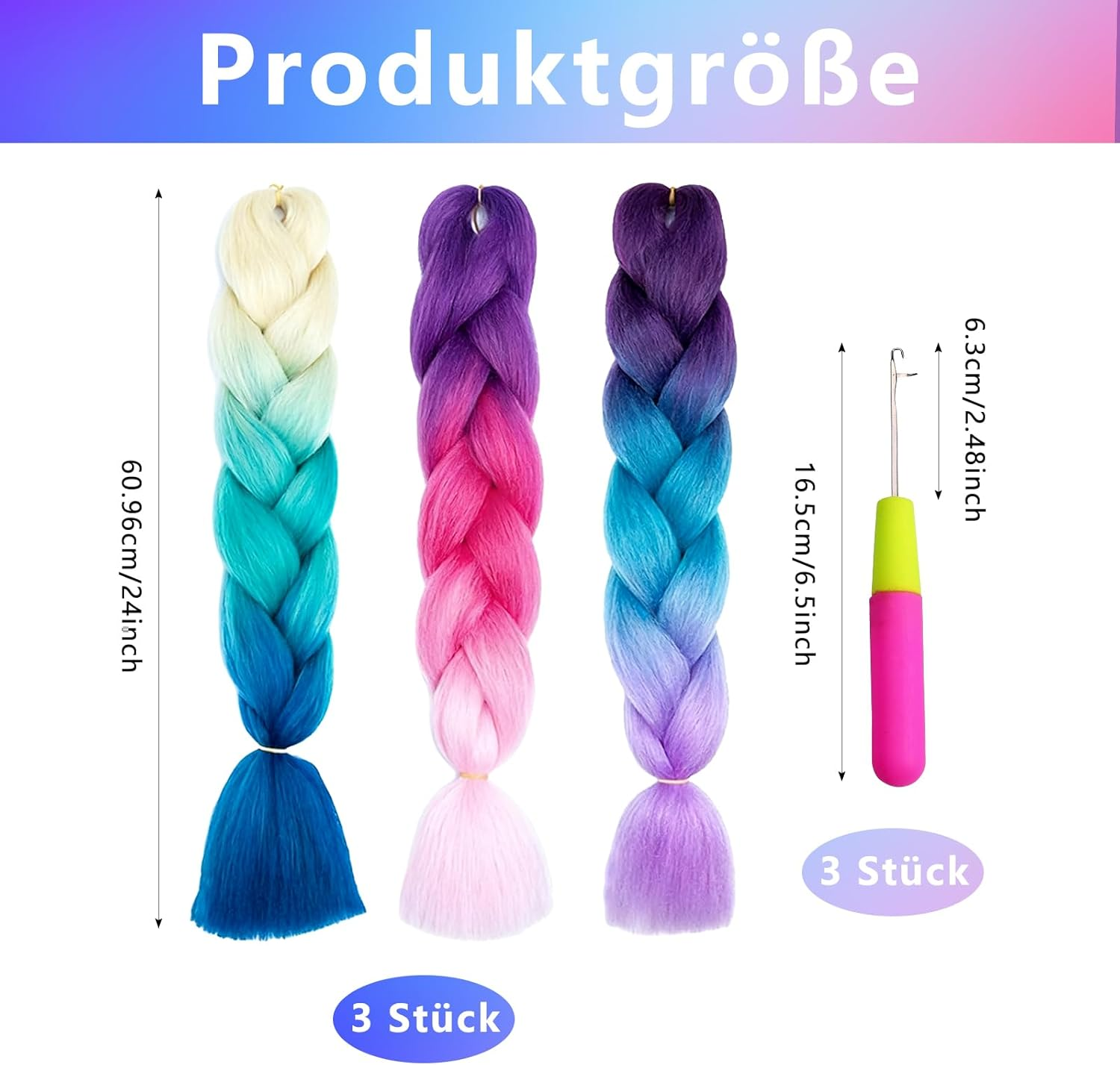 Raheem Pack of 3 Jumbo Braids Hair 24 Inch Braided Hair Extensions Colour Gradient 3 Colours Jumbo Braided Hair Extensions with 3 Crochet Hooks, Fashionable Synthetic Hair for Braiding Hair image number 5