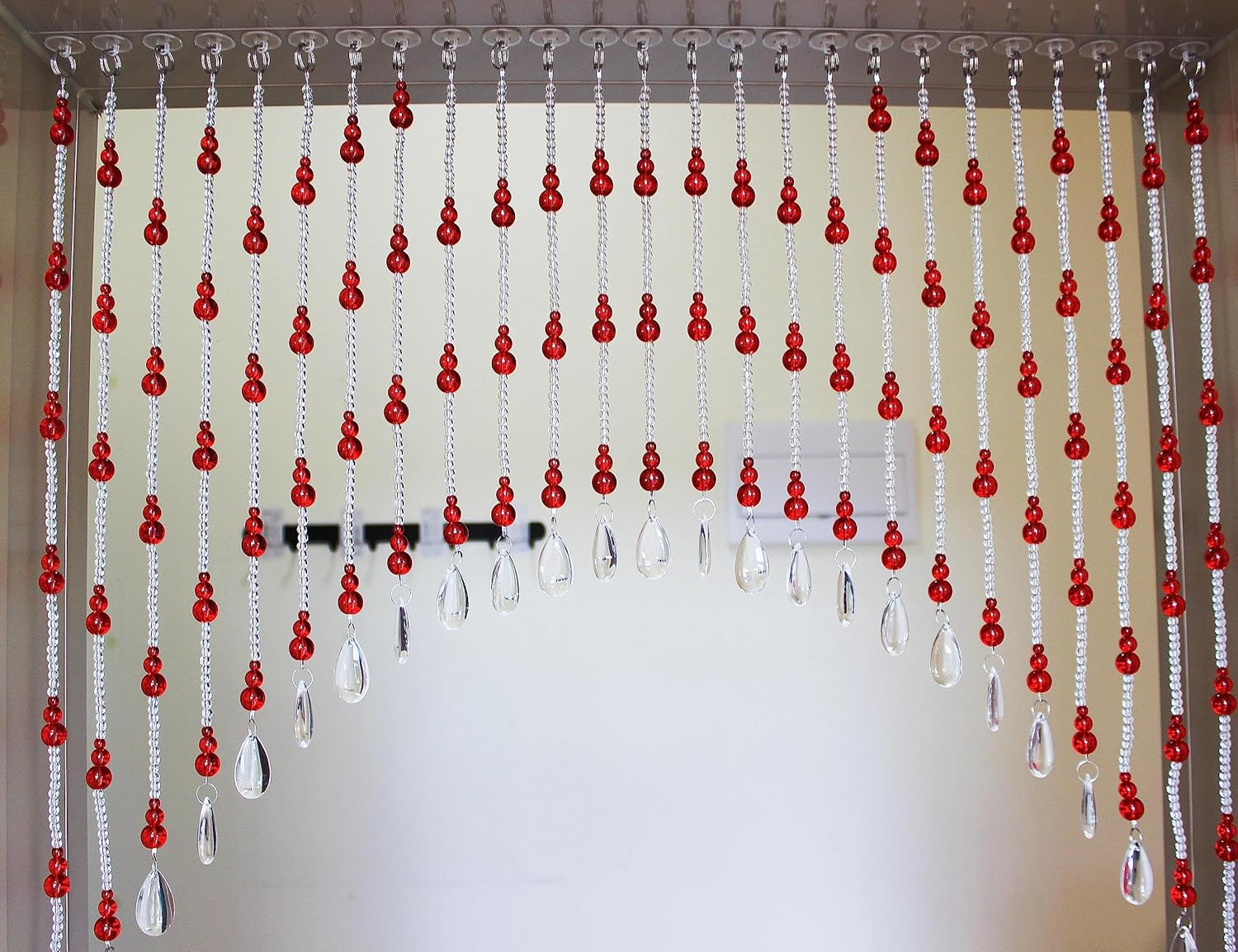 Rekelola Hanging Glass Door Beads Beaded Curtains Valance Self-Adhesive for Doorways Crystals Stran Arched Windows, Clear Crystal Room Bead Partition Curtain Frame Closets 7 Red (Zl-202304-Red) - Blue image number 4