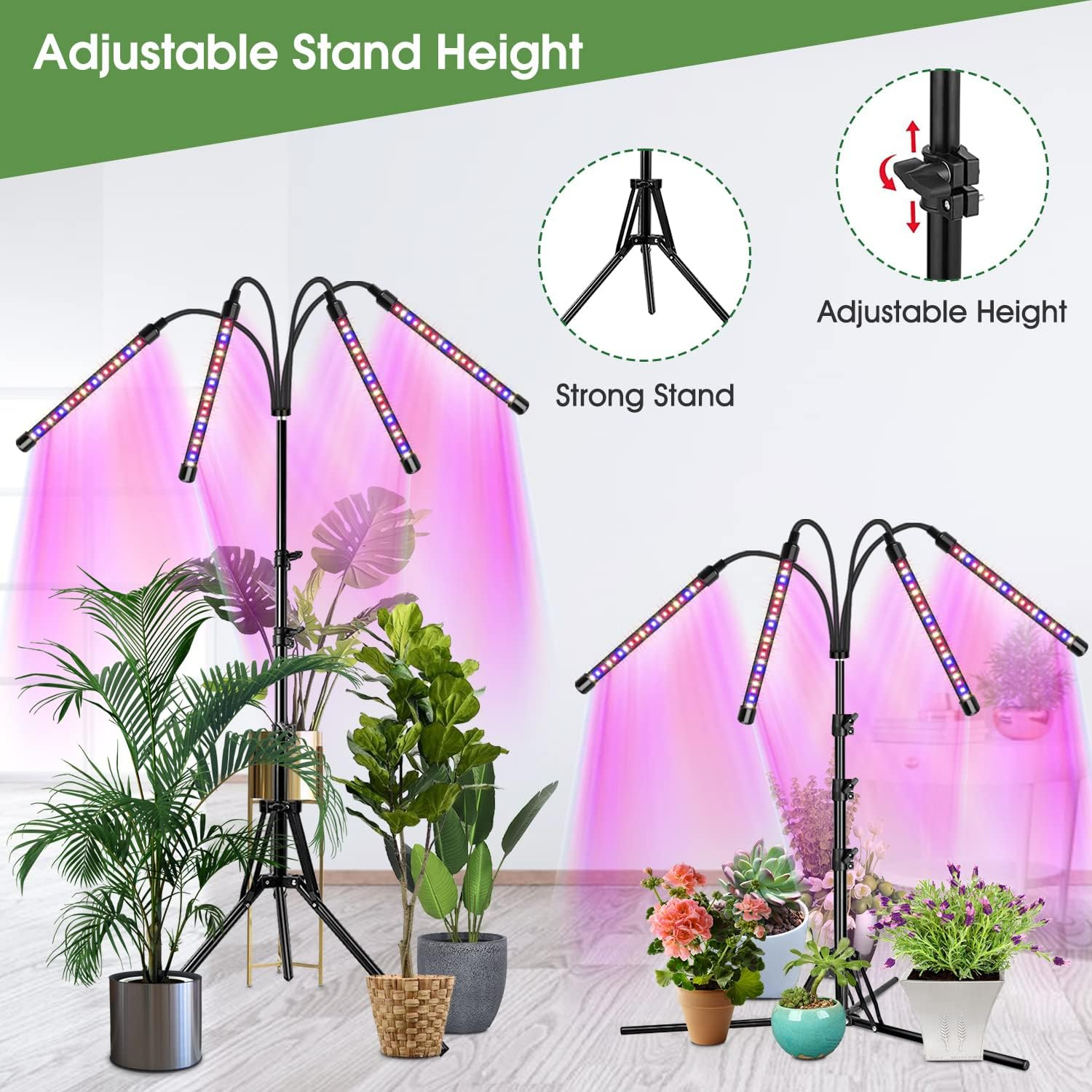 Wolezek Plant Light for Indoor Plants, 4-Head 80 LED Full Spectrum Grow Lights for Seed Starting with 15-61 Inches Adjustable Tripod Stand, Red Blue Warm White Floor Grow Lamp with Auto 6/12/16H Timer image number 4