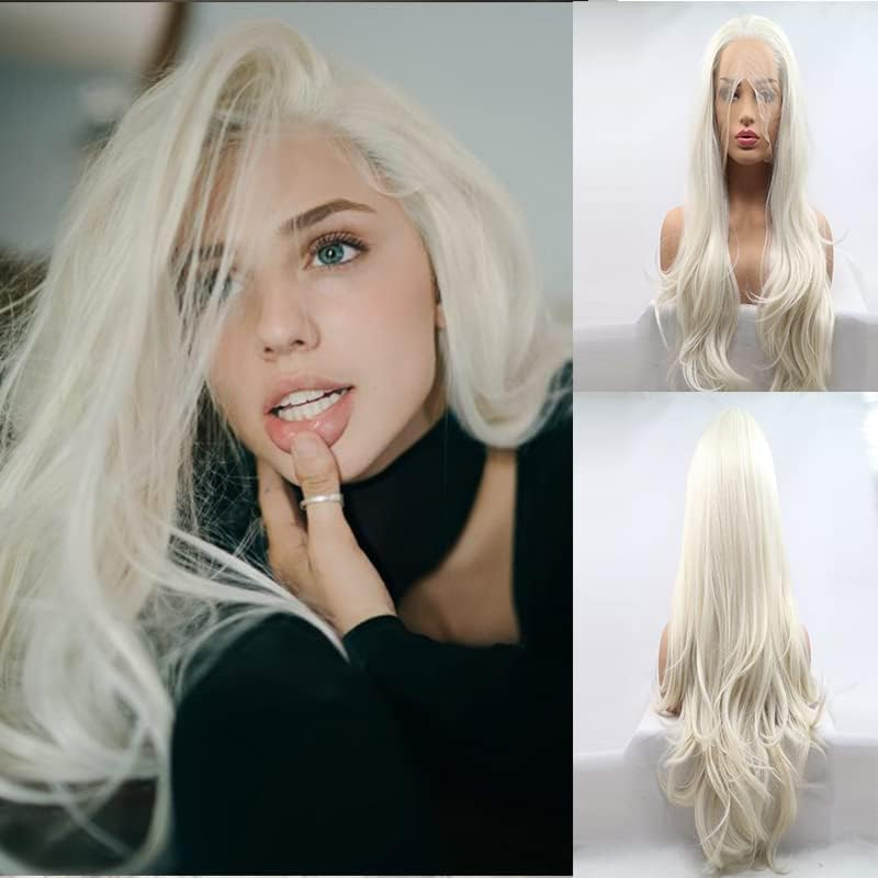 Xiweiya 60# Platinum Blonde Wig Long Body Wavy White Blonde Lace Front Wig Natural Hairline150% Density Hair -Reparement Wig Heat Resistant Fiber Half Hand Tied for Women Drag Queen 24Inch