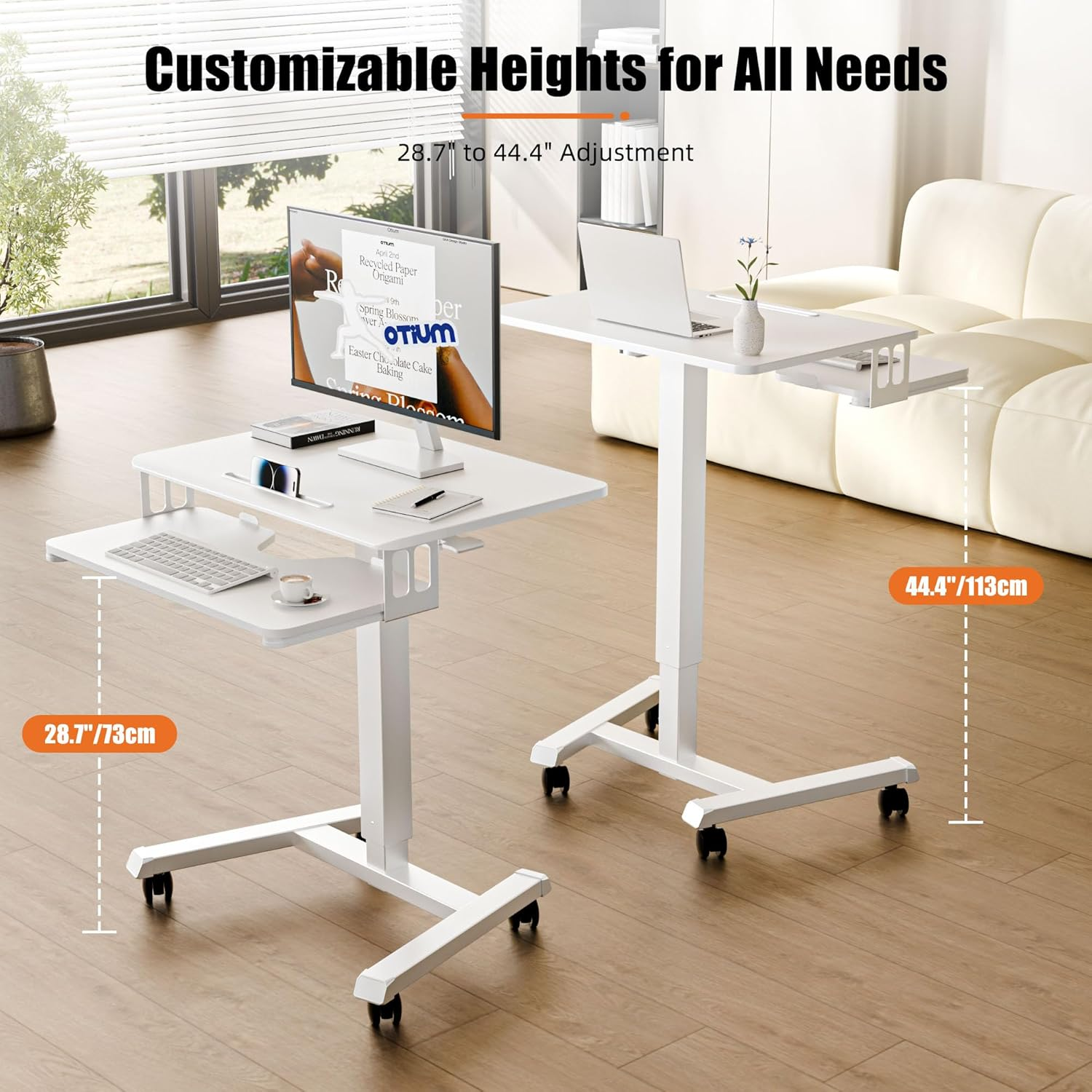 ERGOMAKER Mobile Standing Desk Pneumatic Adjustable Height 25.6 X 17.7 Inch Mobile Desk Adjustable Height on Wheels，Sit Stand up Desk Home Office Computer Desk, White + Dual image number 1