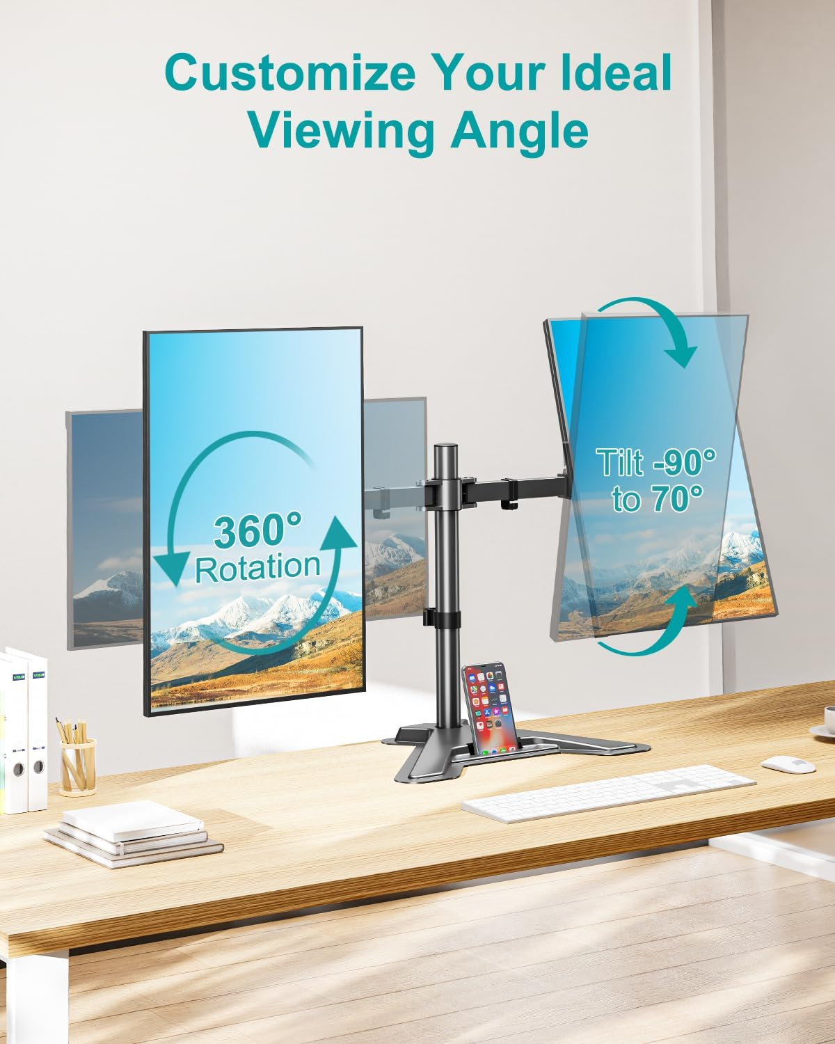 MOUNT PRO Dual Monitor Stand, Free-Standing Full Motion Monitor Desk Mount Fits 2 Screens up to 27 Inches,17.6Lbs with Height Adjustable, Swivel, Tilt, Rotation, VESA 75X75 100X100, Black image number 2