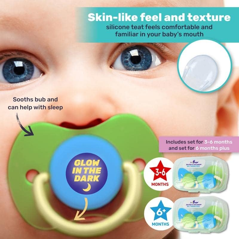 [4PK] 1St Steps Glow in the Dark Orthodontic Pacifiers, Made from Non-Toxic Materials, Dishwasher and Microwave Safe, Easy Grip Handle, Carry Case to Keep Pacifiers Clean and Germ Free, Provide Comfort and Soothe Your Baby image number 2