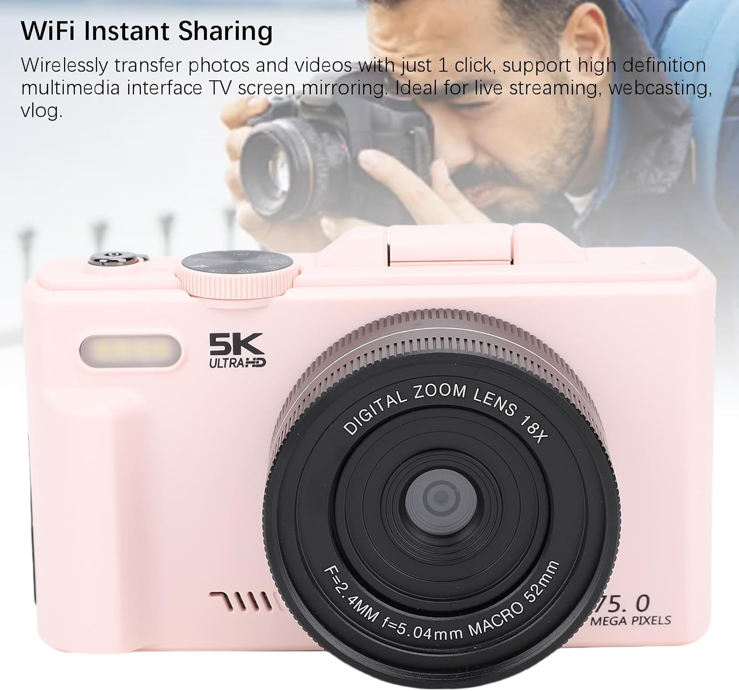 YUEHISY 5K 75MP Digital Camera for Youtube, 18X Zoom 180&deg; Flip Screen Vlogging Camera with Wifi, 3.0 Inch LCD Point and Shoot image number 1