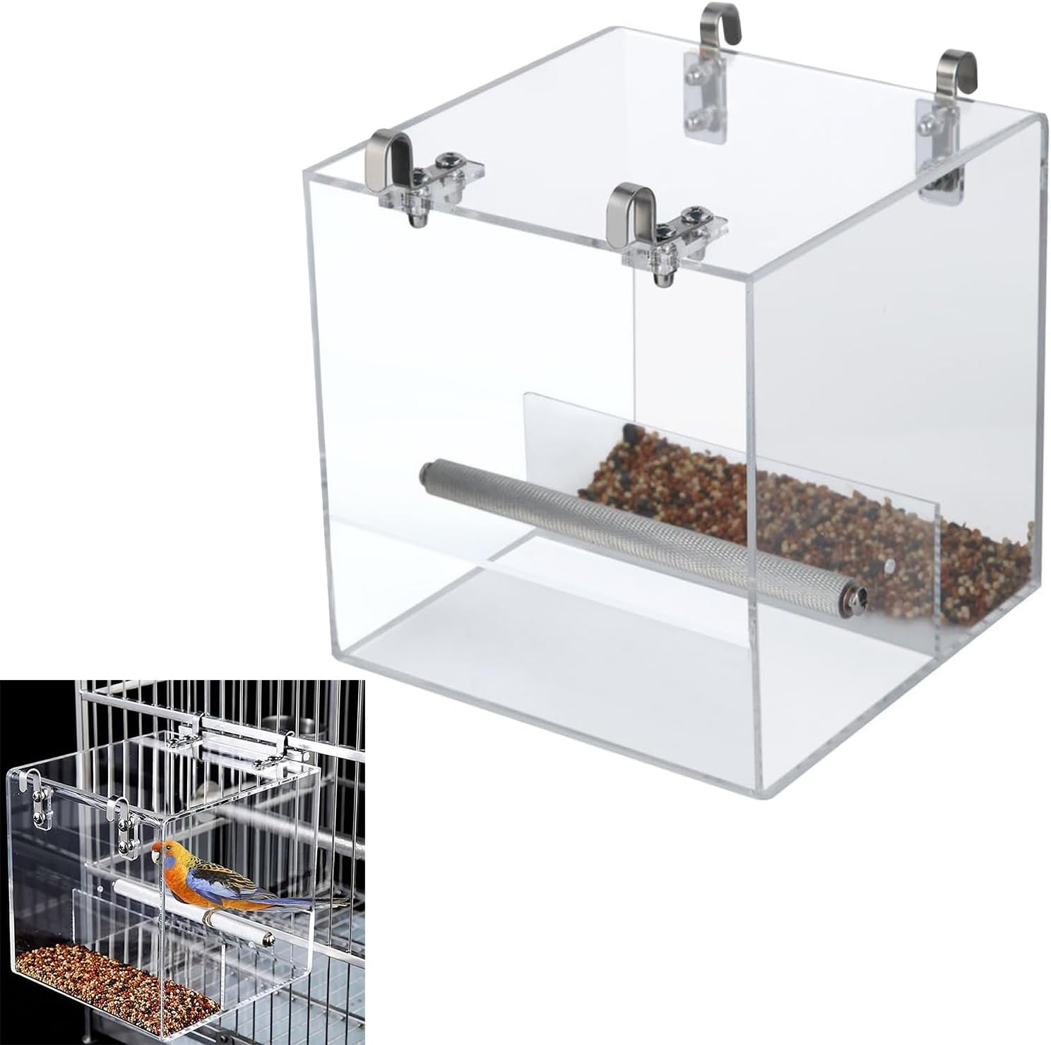 Acrylic Bird Feeder for Small Parrots - Anti-Spill Cage Mounted Bowl with Clear View, Dual Hooks - Fits Parakeets, Lovebirds, Quakers (13&times;13&times;11Cm) image number 2