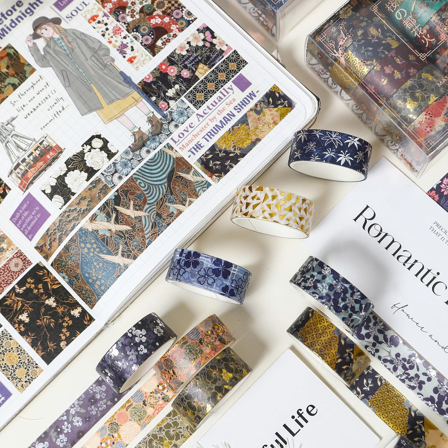 Songdao 10 Rolls Sakura Washi Tape Set Japanese Arts Adhesive Tapes Gold Silver Foil Decorative Masking Tape Sets for Craft, Kids, Scrapbook, DIY, Gift Wrapping (Golden Kimono) - Golden Kimono image number 2