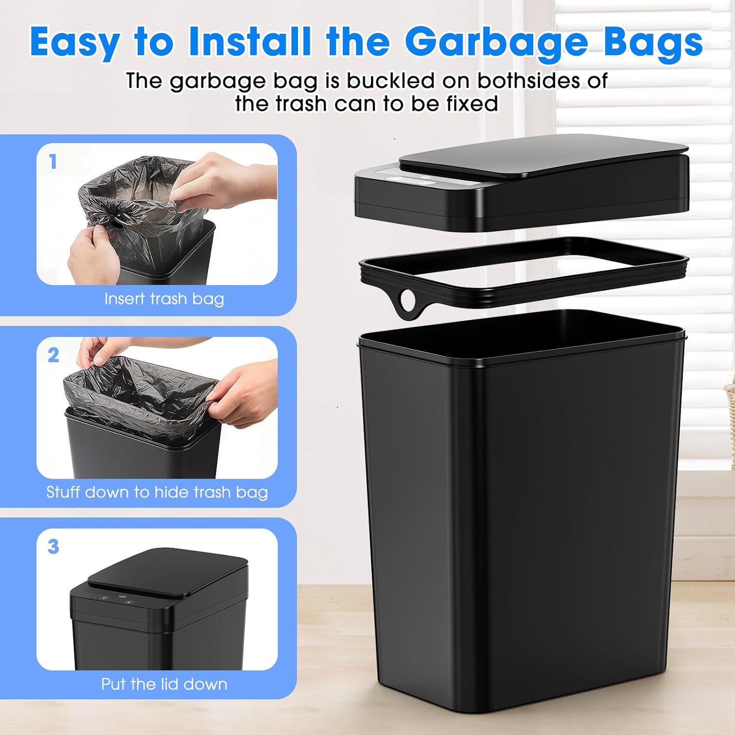 2 Pack Bathroom Trash Can,12L / 2.6Gallon Automatic Touchless Garbage Can, Smart Trash Can with Lid - Electric,Slim Motion Sensor Waterproof Trash Bins for Bedroom Kitchen, Bathroom, Office(Black) image number 5